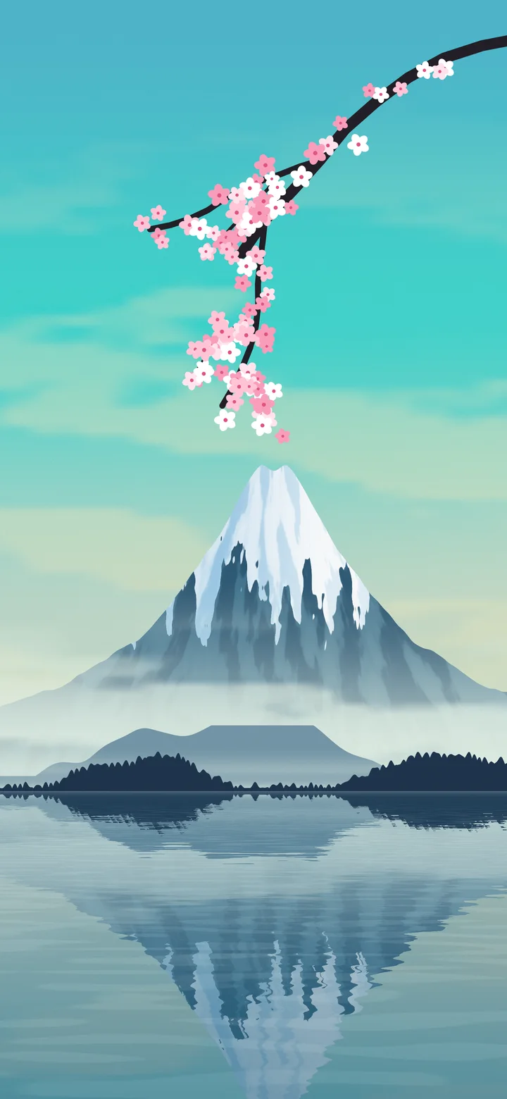 Turquoise Japanese Mountain and Cherry Blossom wallpaper for iPhone and Android
