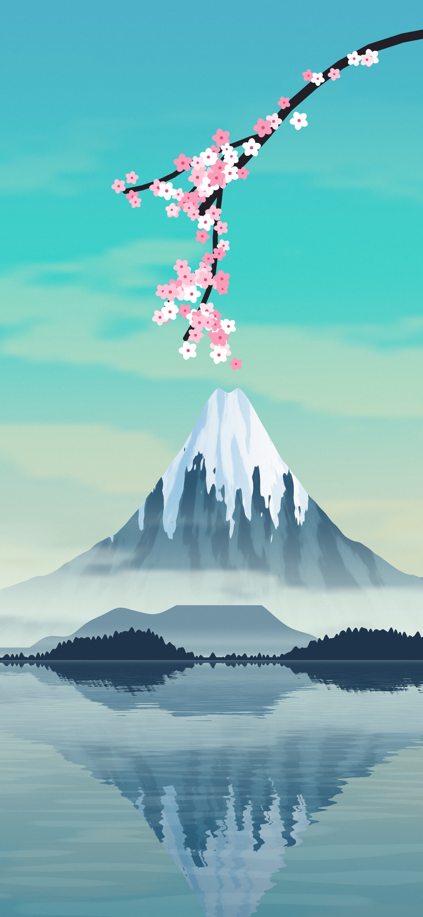 Turquoise Japanese Mountain and Cherry Blossom wallpaper for iPhone and Android