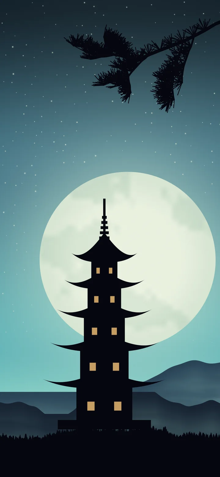 Turquoise Japanese Pagoda and Moon wallpaper for iPhone and Android