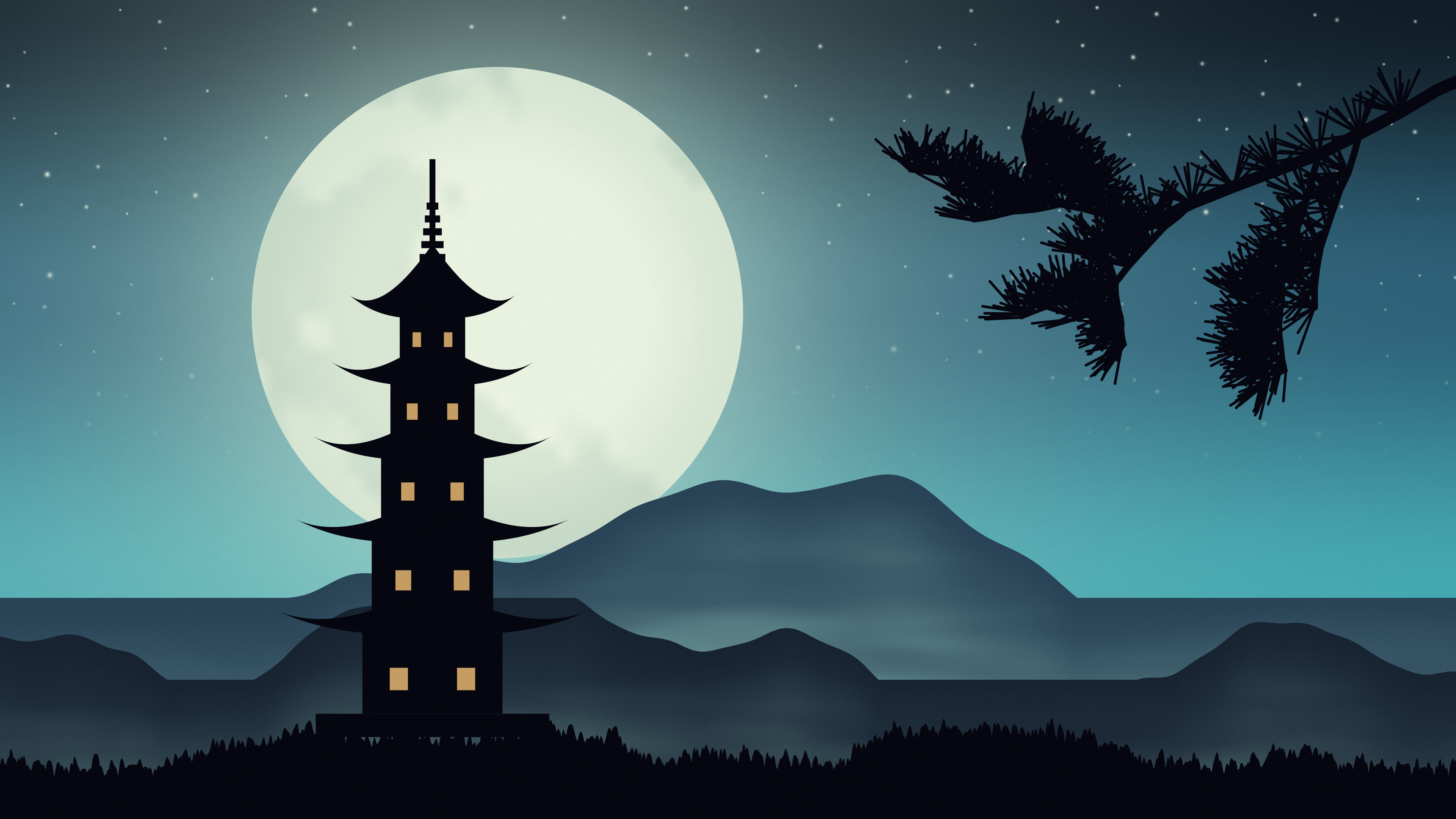 Turquoise Japanese Pagoda and Moon desktop wallpaper in 4K