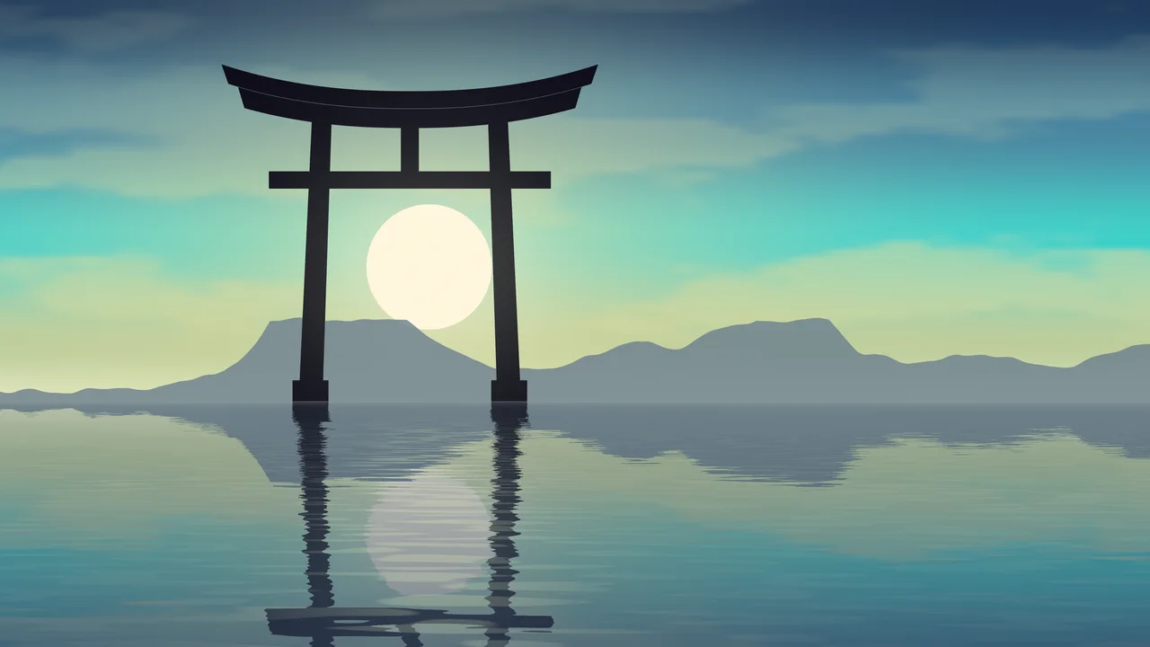 Turquoise Japanese Torii Gate Sunset desktop wallpaper in 4K
