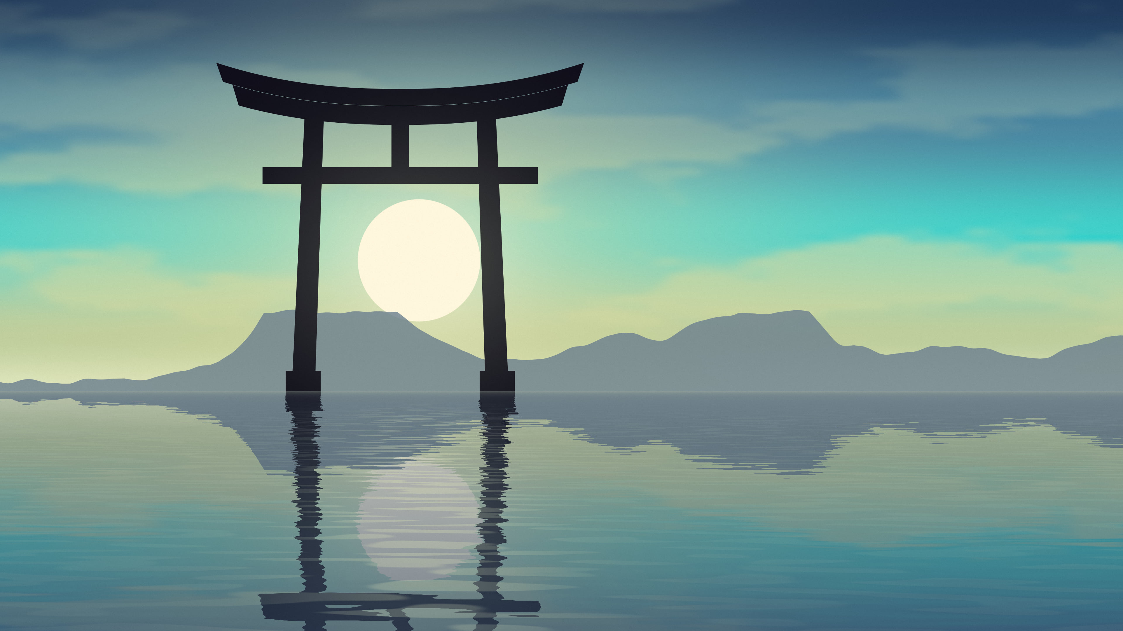 Turquoise Japanese Torii Gate Sunset desktop wallpaper in 4K