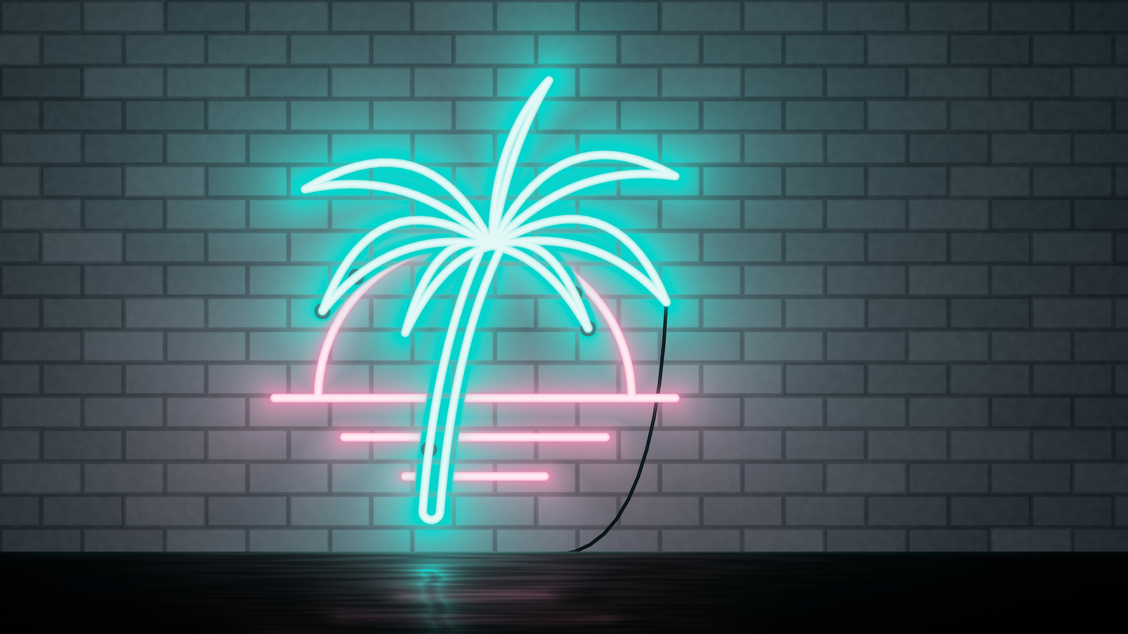Turquoise Neon Palm Tree desktop wallpaper in 4K
