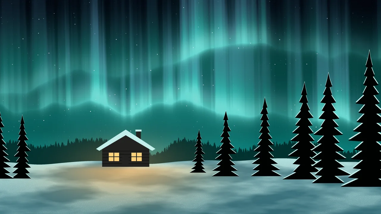 Turquoise Northern Lights Cabin desktop wallpaper in 4K