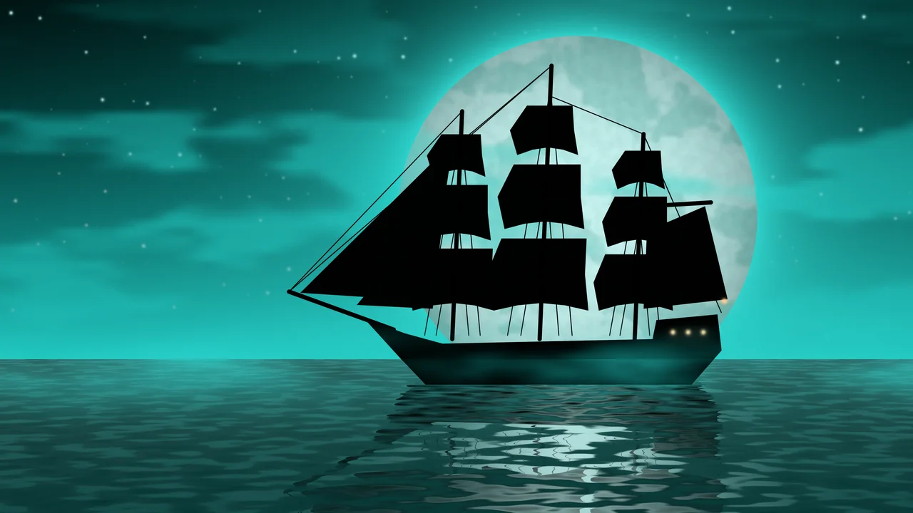 Turquoise Pirate Ship and Full Moon desktop wallpaper in 4K