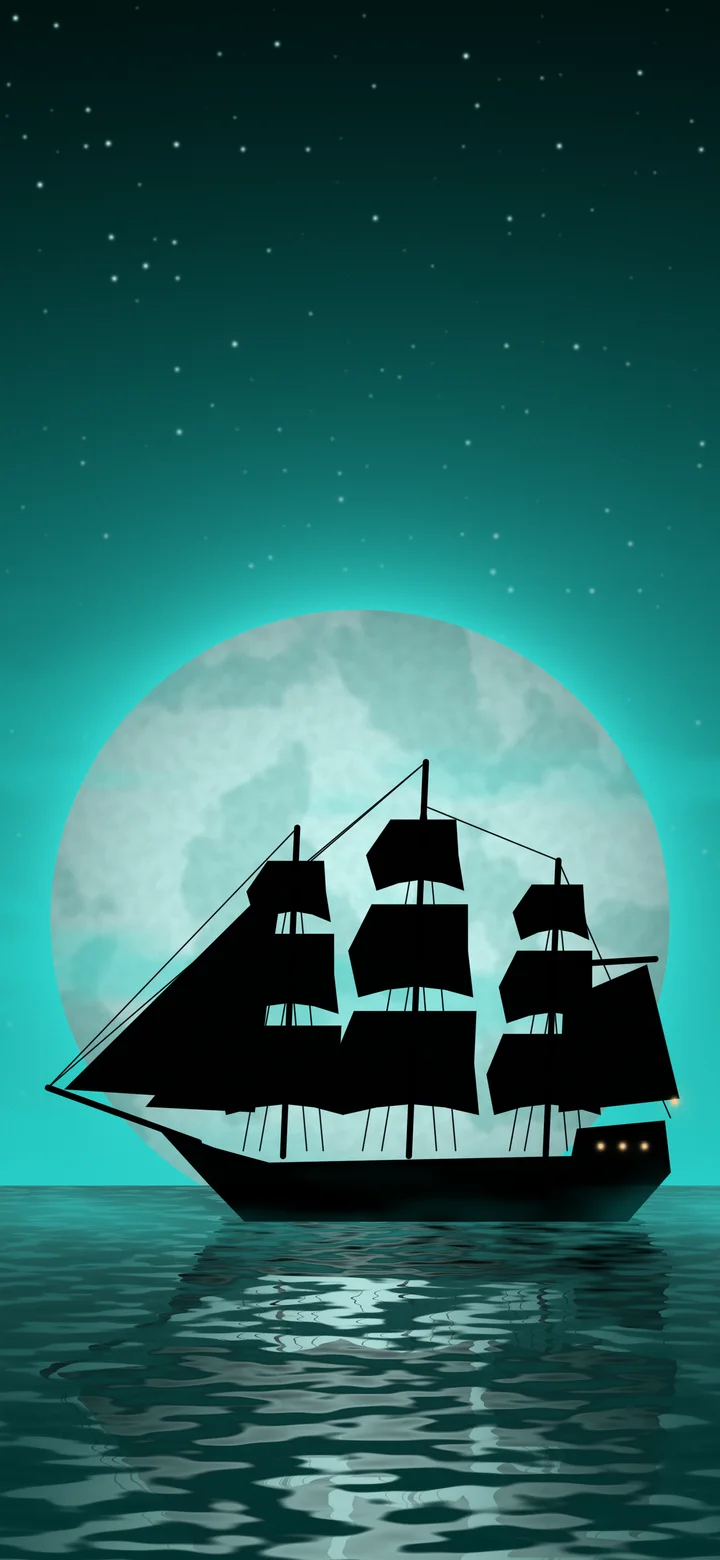 Turquoise Pirate Ship and Full Moon wallpaper for iPhone and Android