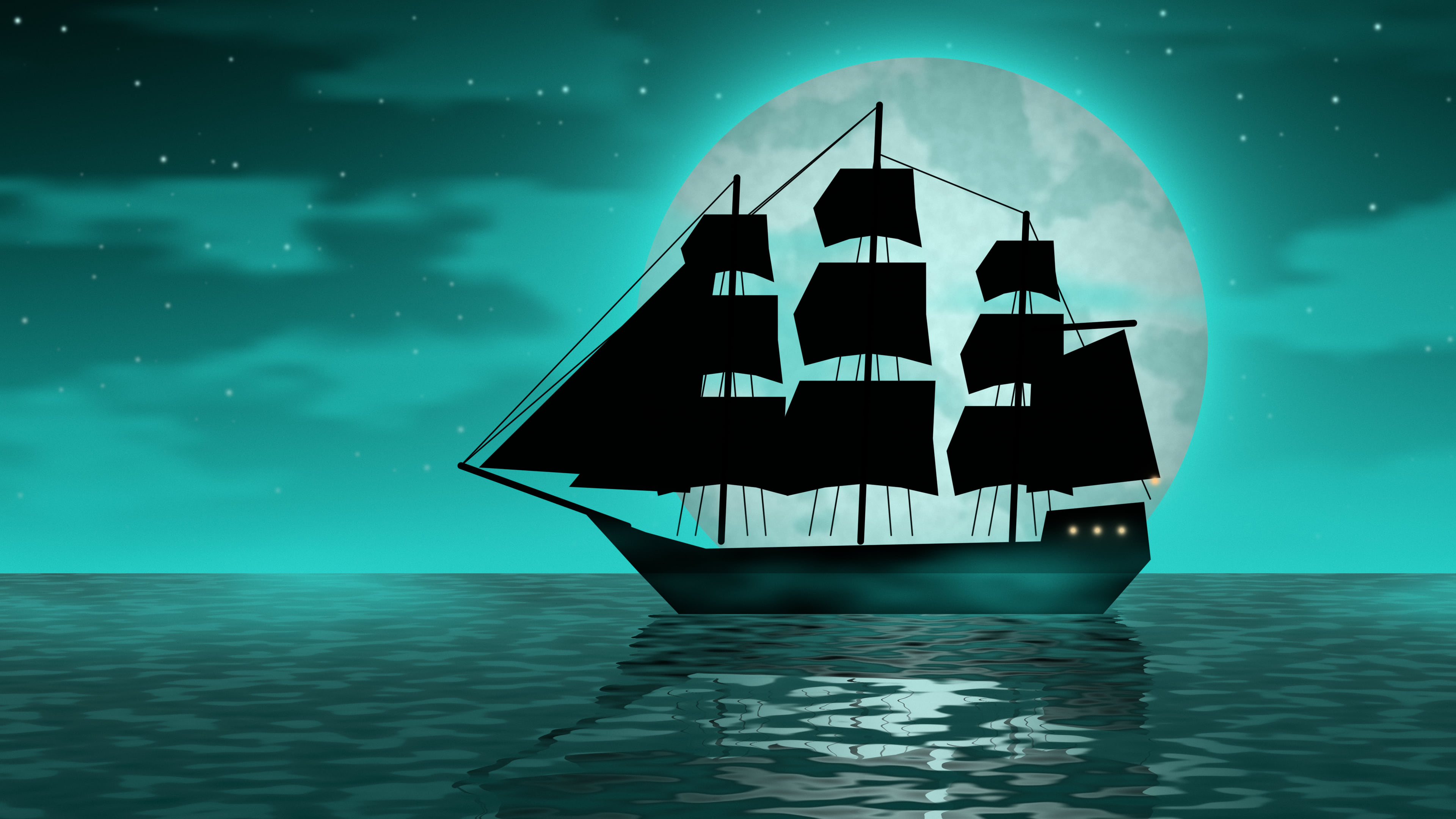 Turquoise Pirate Ship and Full Moon desktop wallpaper in 4K