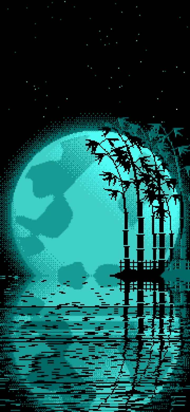 Turquoise Pixel Art Bamboo and Full Moon wallpaper for iPhone and Android