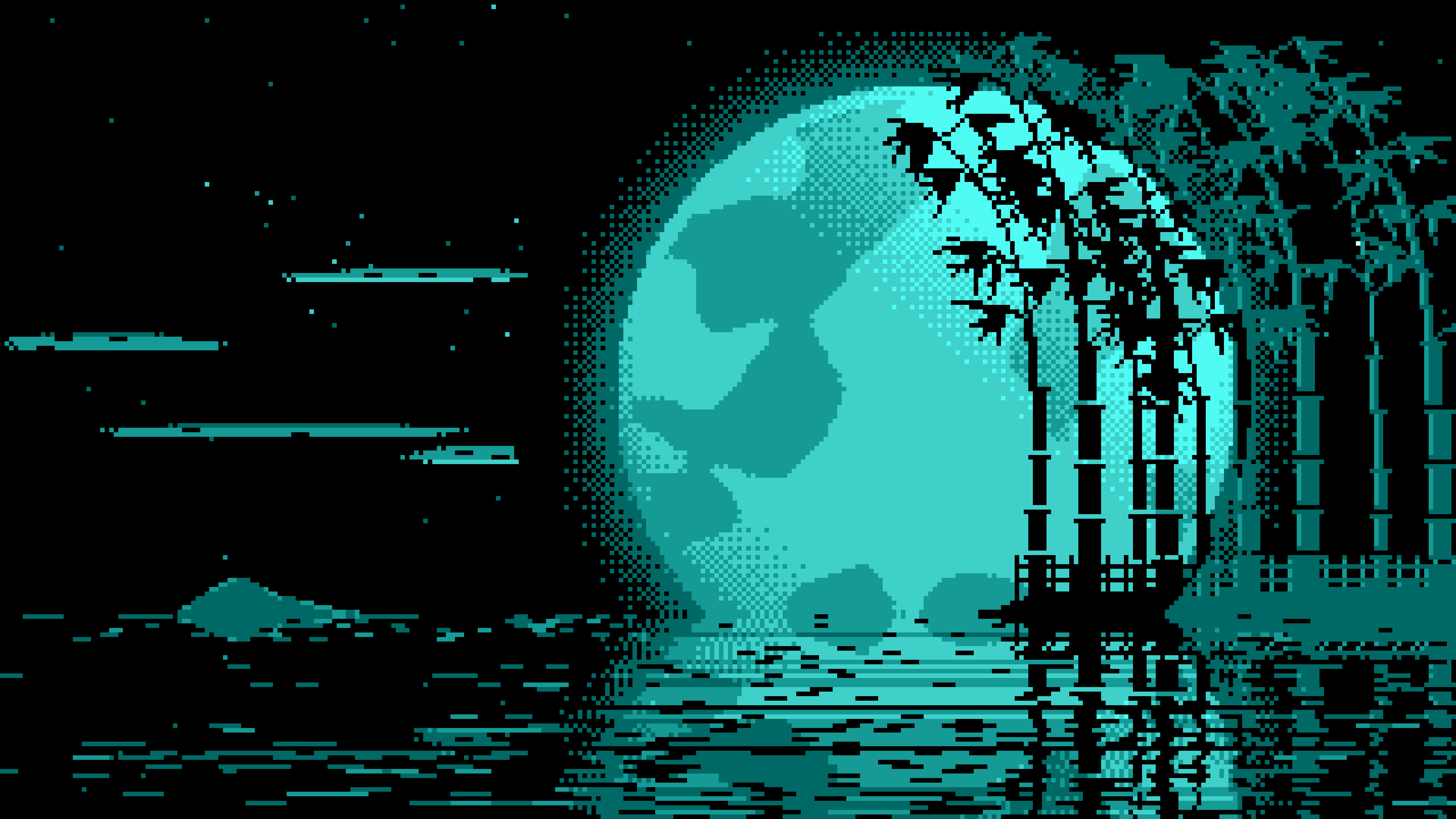 Turquoise Pixel Art Bamboo and Full Moon desktop wallpaper in 4K