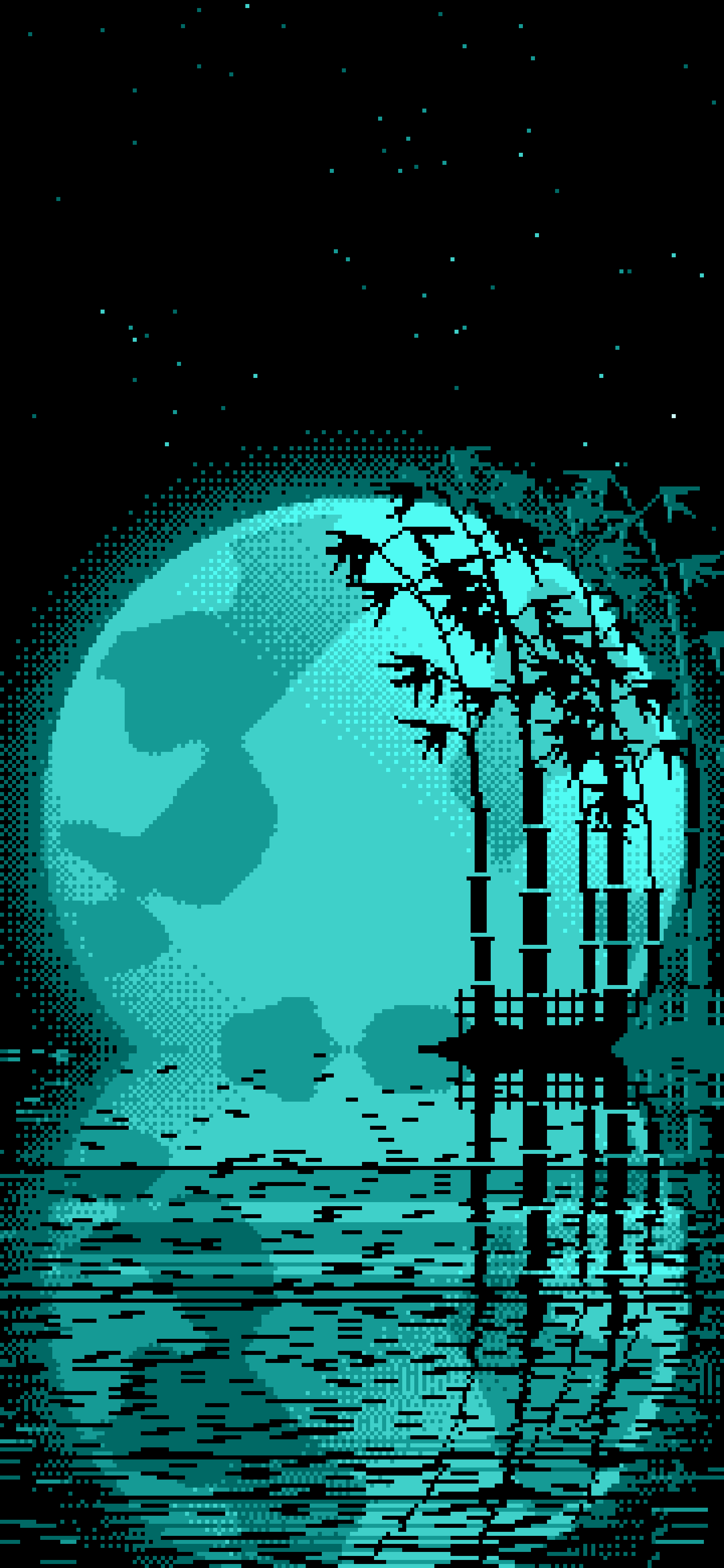 Turquoise Pixel Art Bamboo and Full Moon wallpaper for iPhone and Android