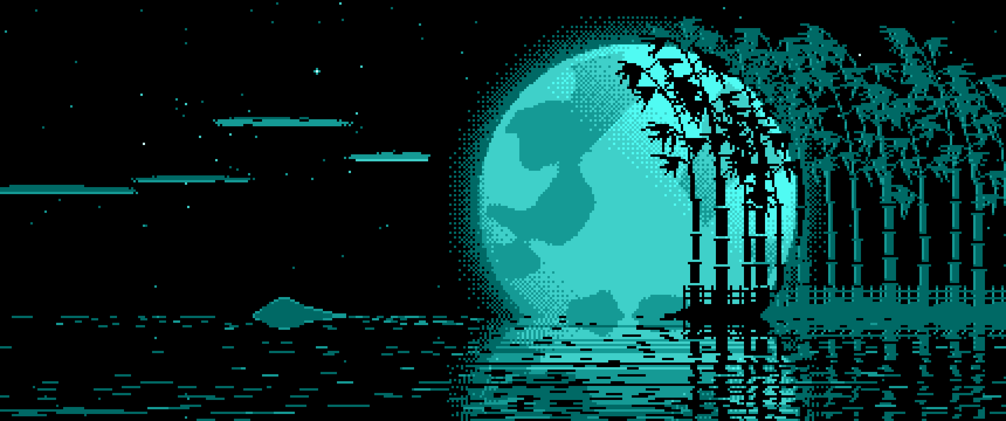 Turquoise Pixel Art Bamboo and Full Moon ultrawide wallpaper, 3440 × 1440