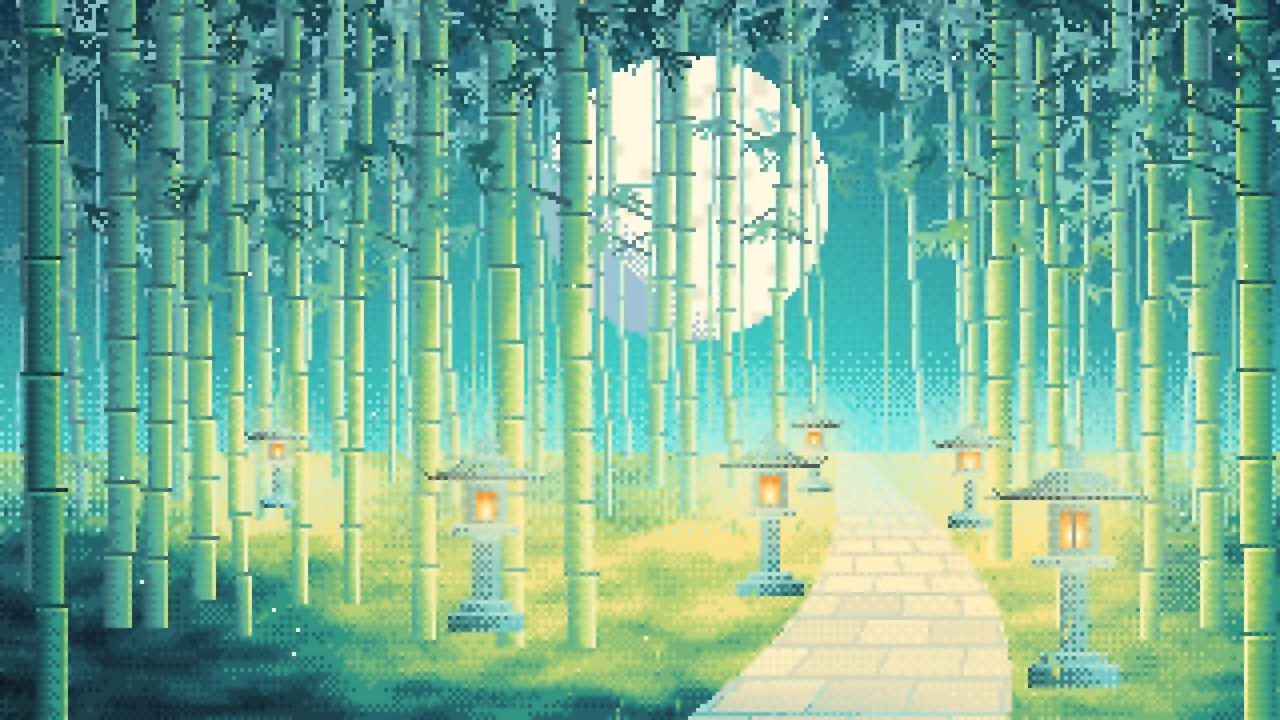 Turquoise Pixel Art Bamboo Path at Night desktop wallpaper in 4K
