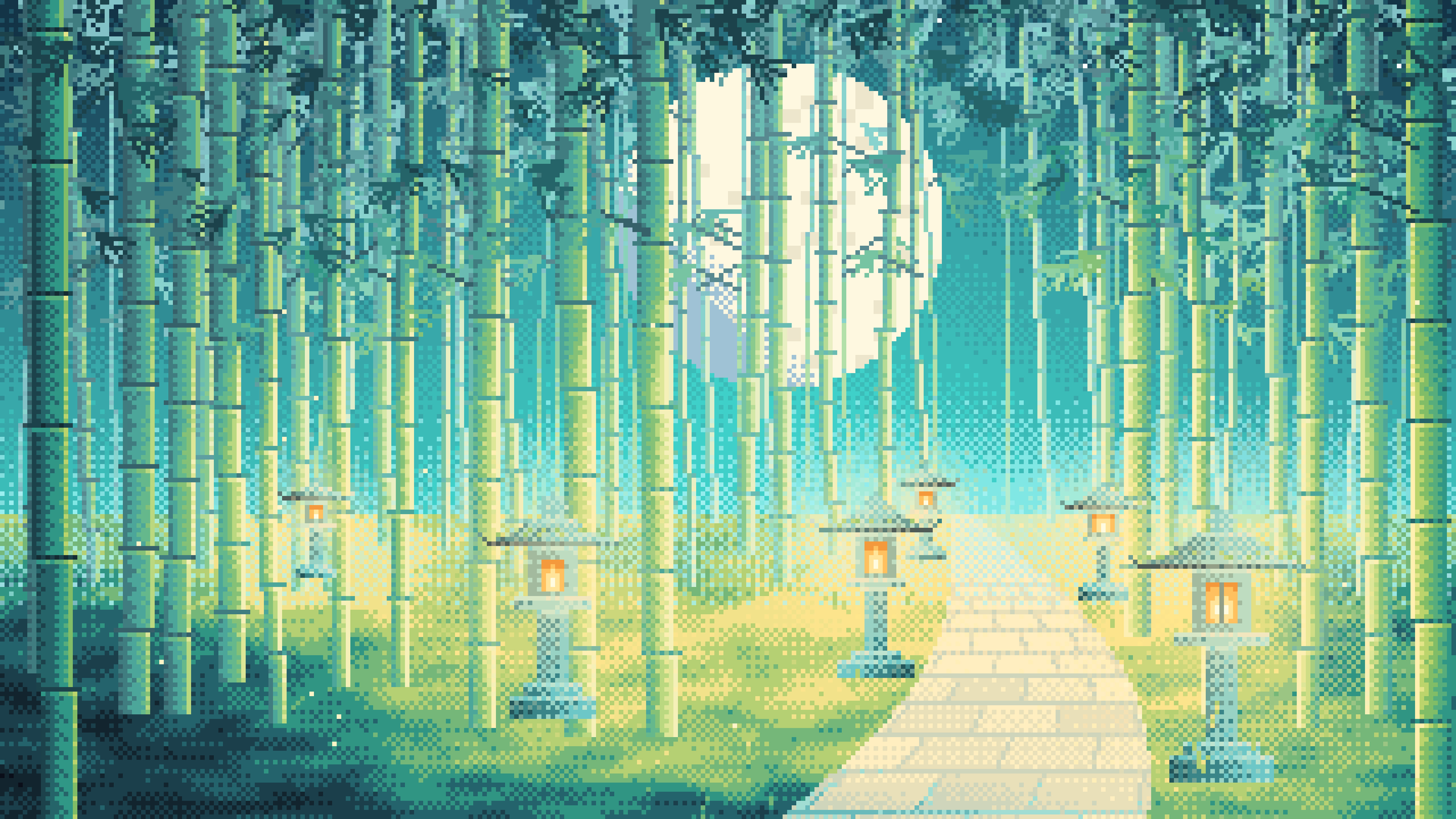 Turquoise Pixel Art Bamboo Path at Night desktop wallpaper in 4K