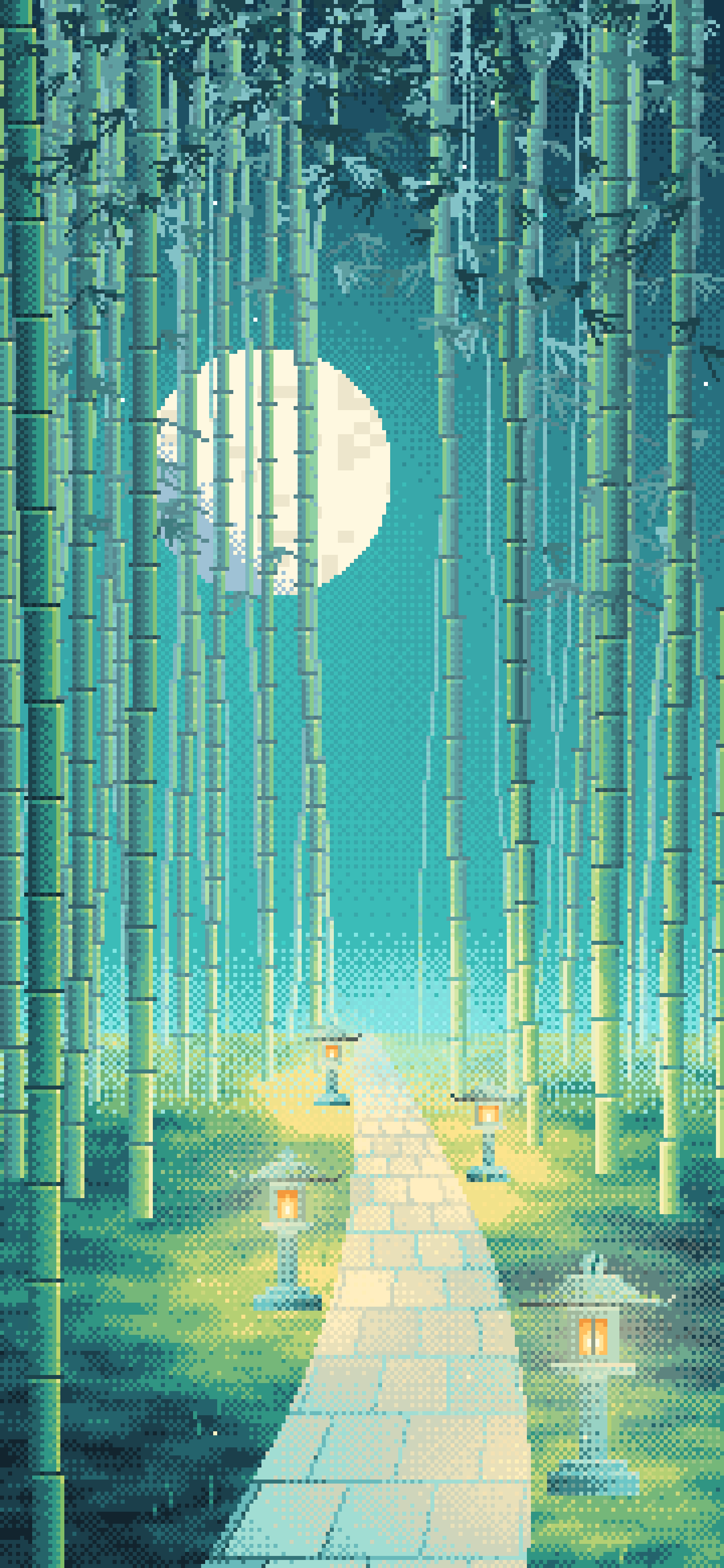 Turquoise Pixel Art Bamboo Path at Night wallpaper for iPhone and Android