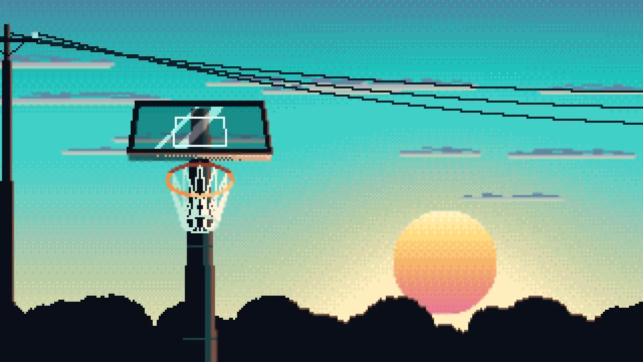 Turquoise Pixel Art Basketball Hoop at Sunset desktop wallpaper in 4K