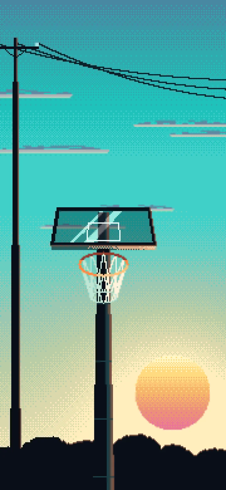 Turquoise Pixel Art Basketball Hoop at Sunset wallpaper for iPhone and Android