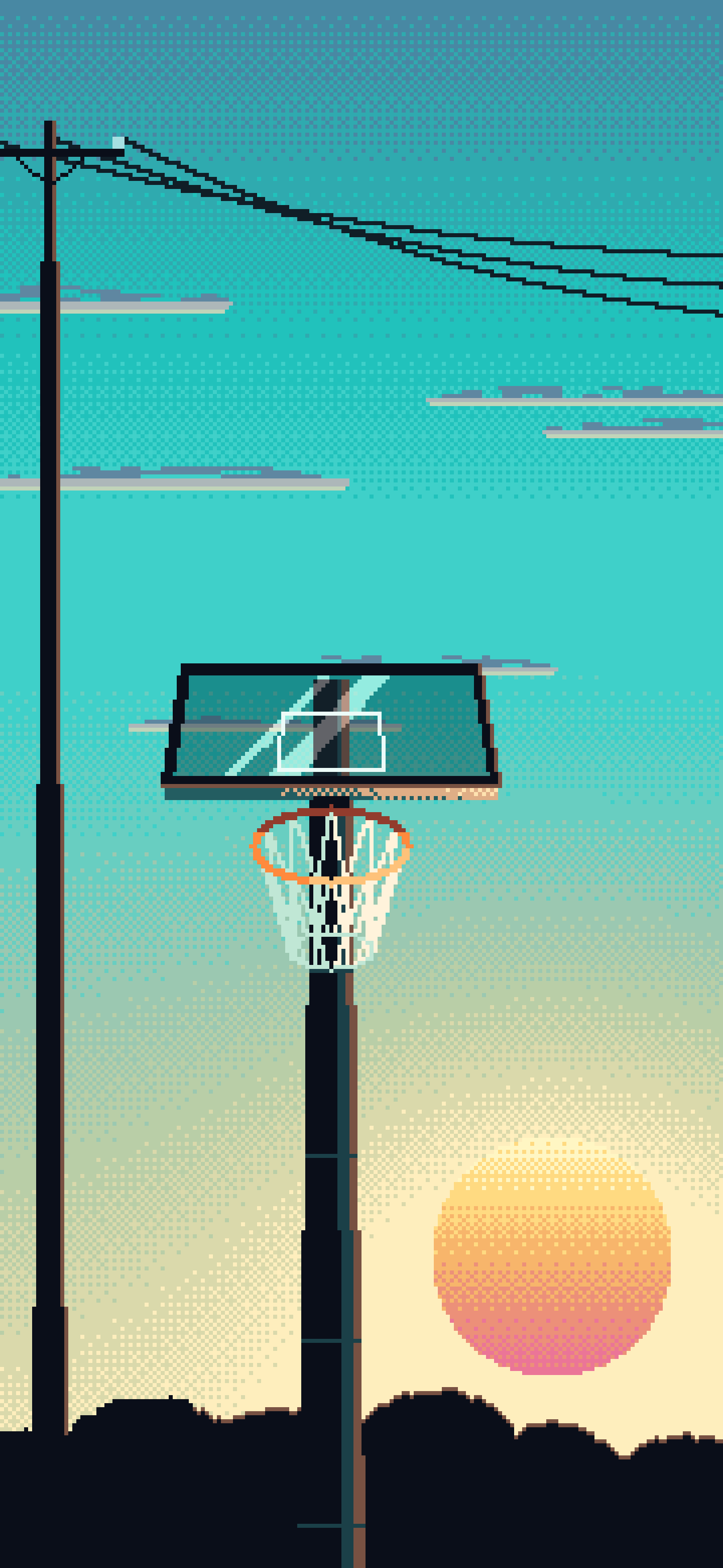 Turquoise Pixel Art Basketball Hoop at Sunset wallpaper for iPhone and Android