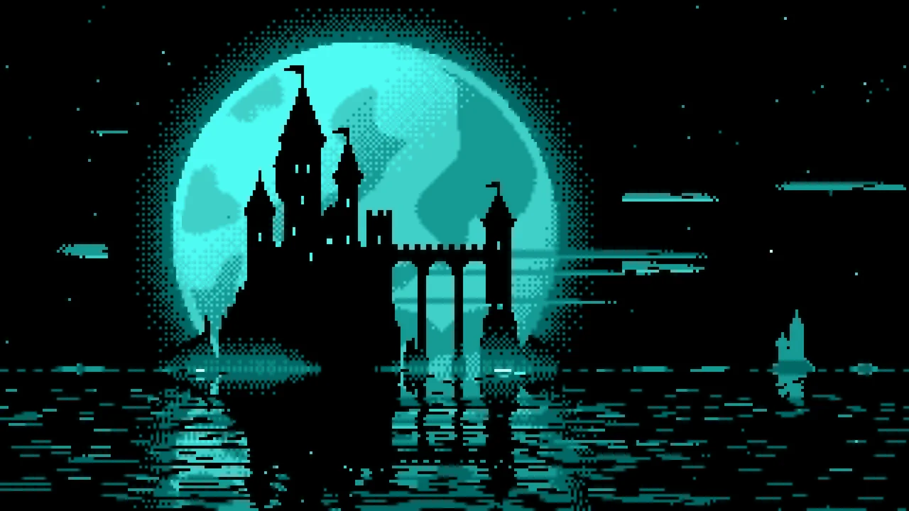 Turquoise Pixel Art Castle and Full Moon desktop wallpaper in 4K