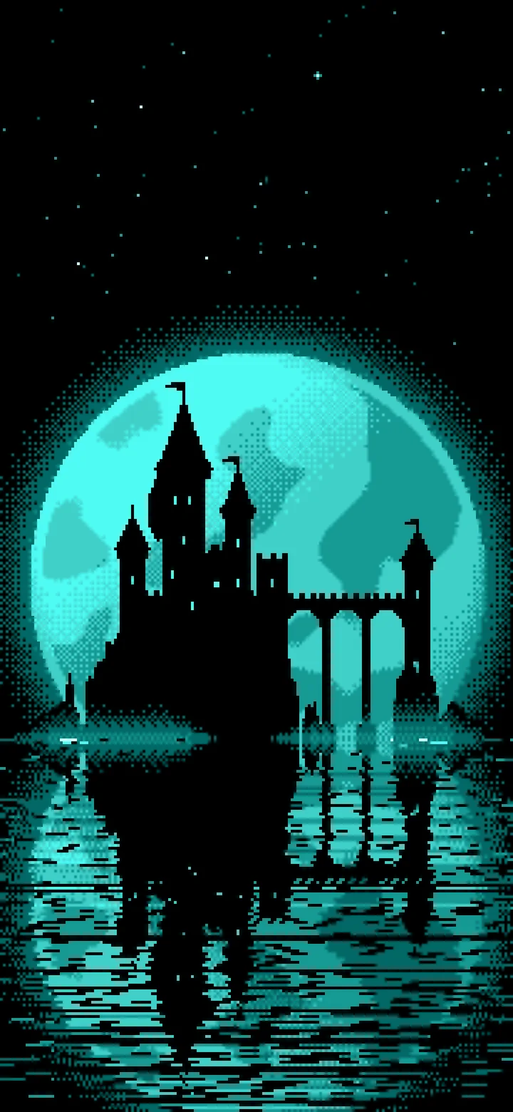 Turquoise Pixel Art Castle and Full Moon wallpaper for iPhone and Android