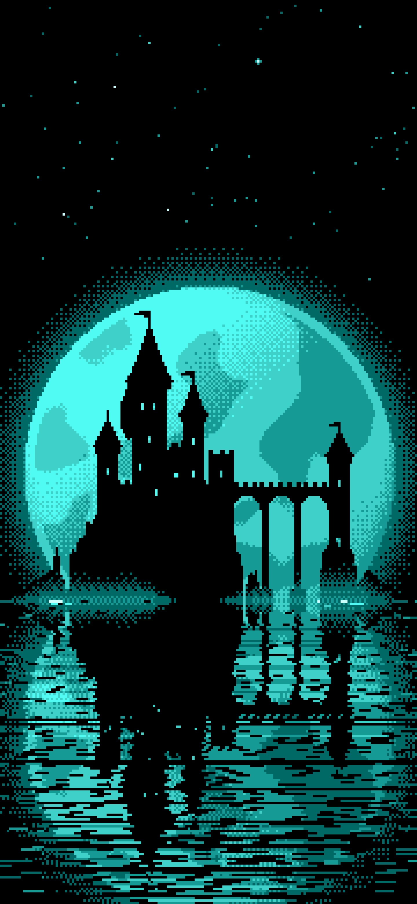 Turquoise Pixel Art Castle and Full Moon wallpaper for iPhone and Android