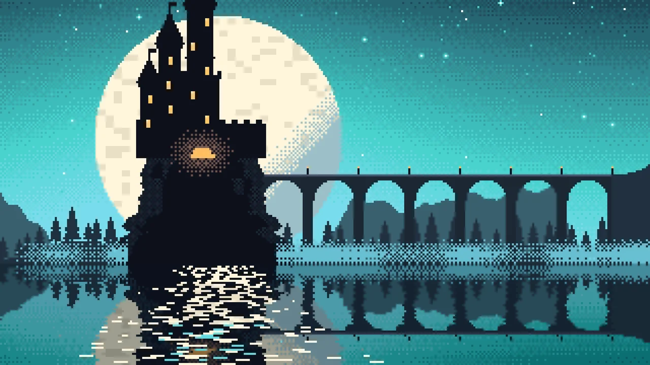 Turquoise Pixel Art Castle desktop wallpaper in 4K
