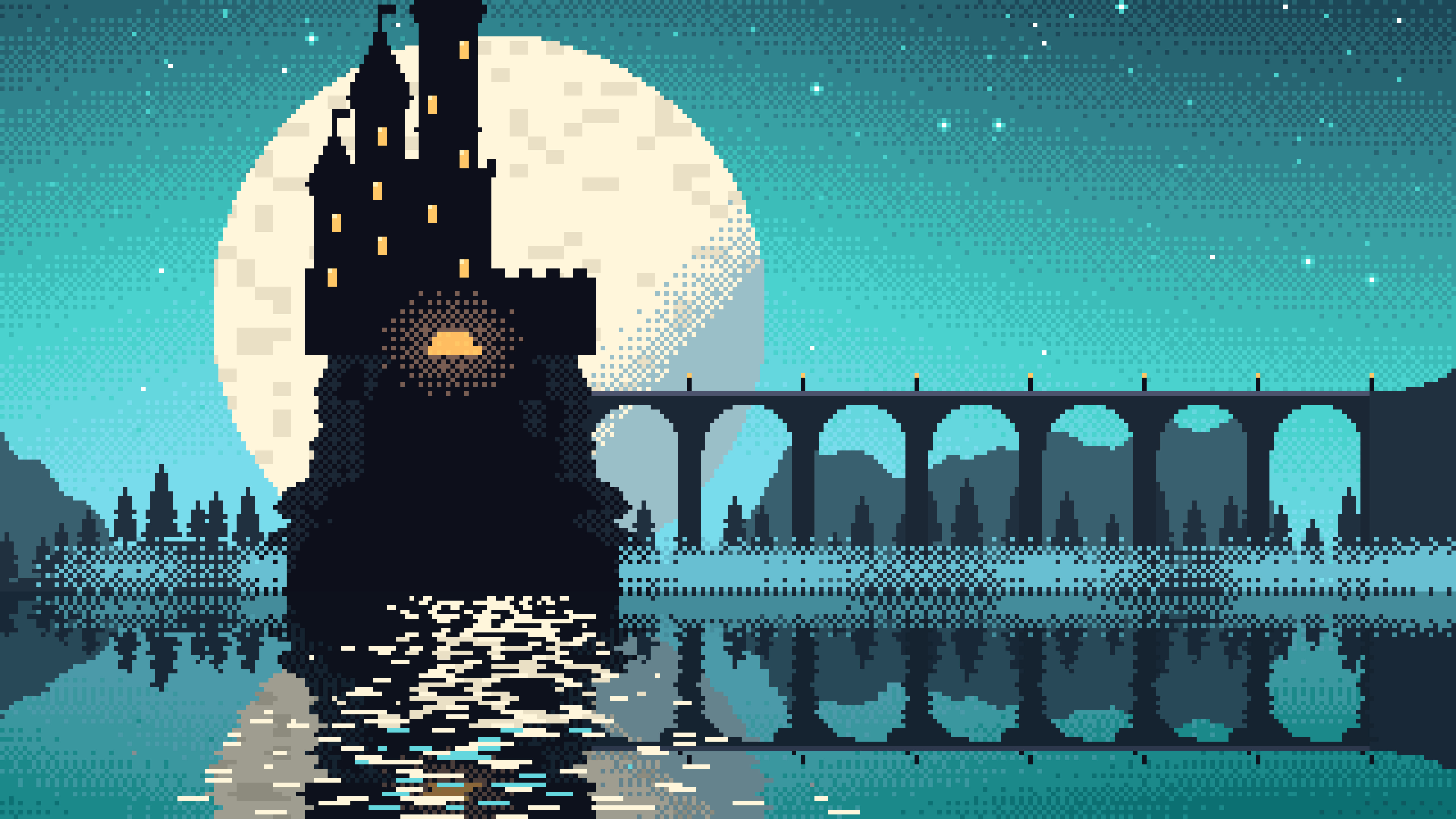 Turquoise Pixel Art Castle desktop wallpaper in 4K