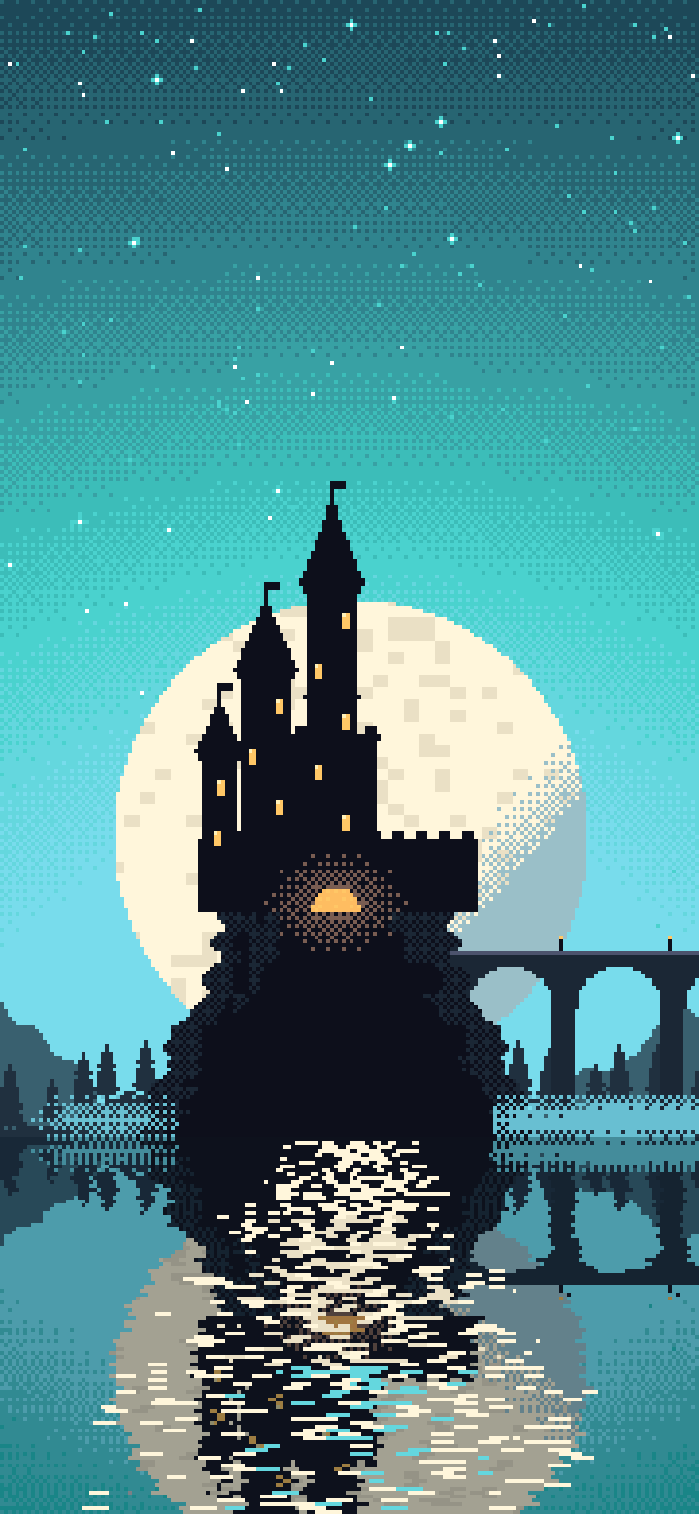 Turquoise Pixel Art Castle wallpaper for iPhone and Android