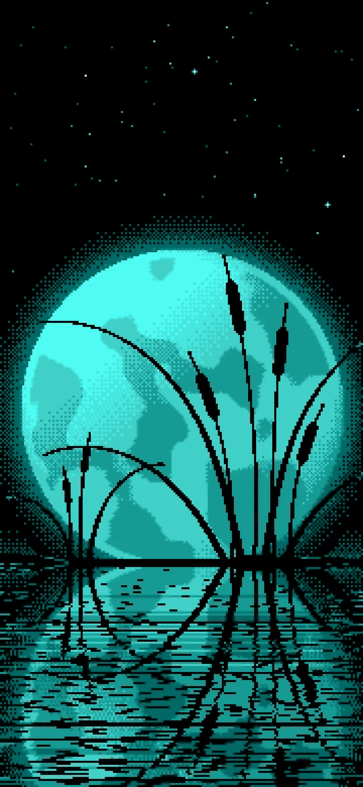 Turquoise Pixel Art Cattails and Full Moon wallpaper for iPhone and Android