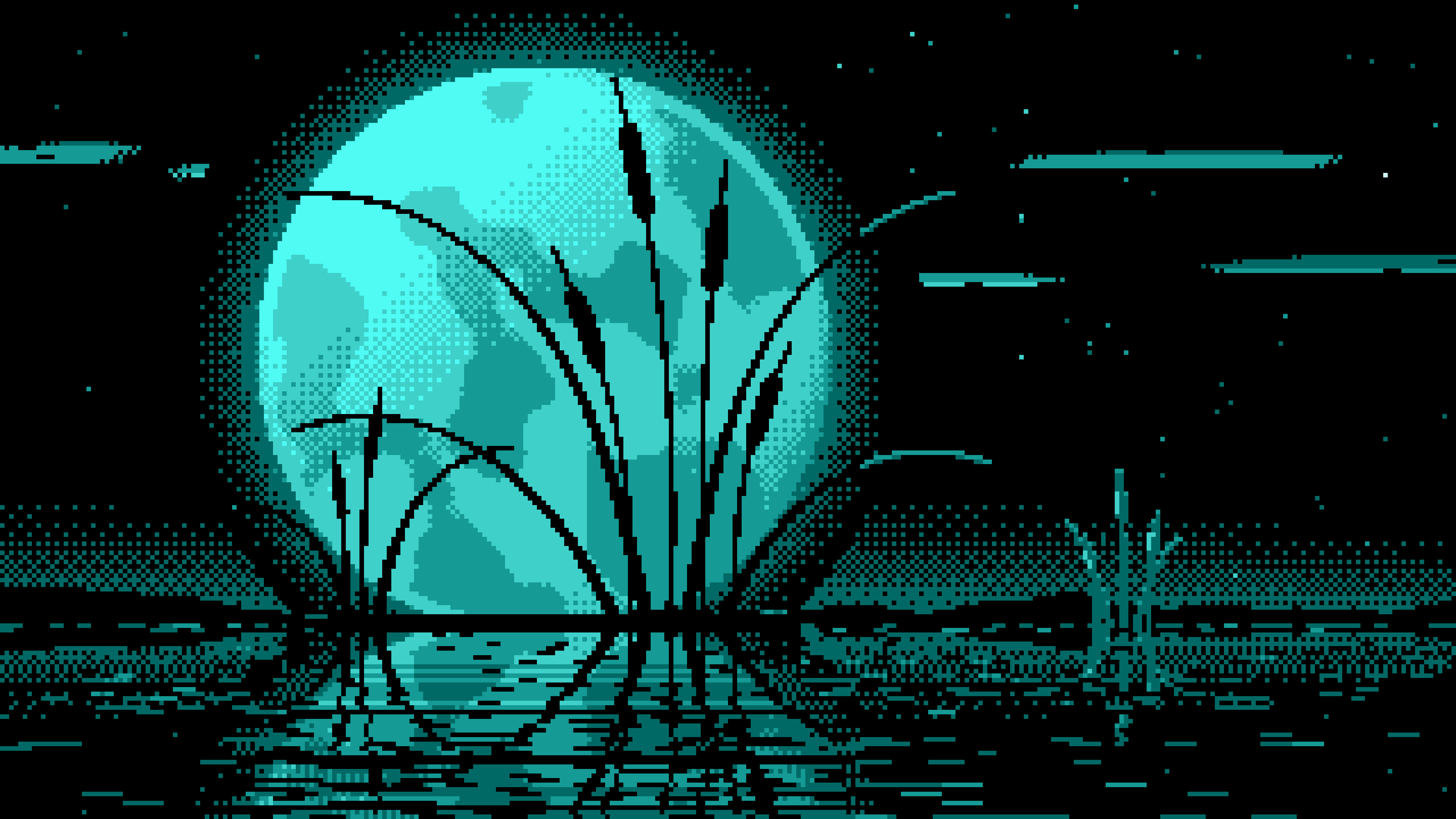 Turquoise Pixel Art Cattails and Full Moon desktop wallpaper in 4K