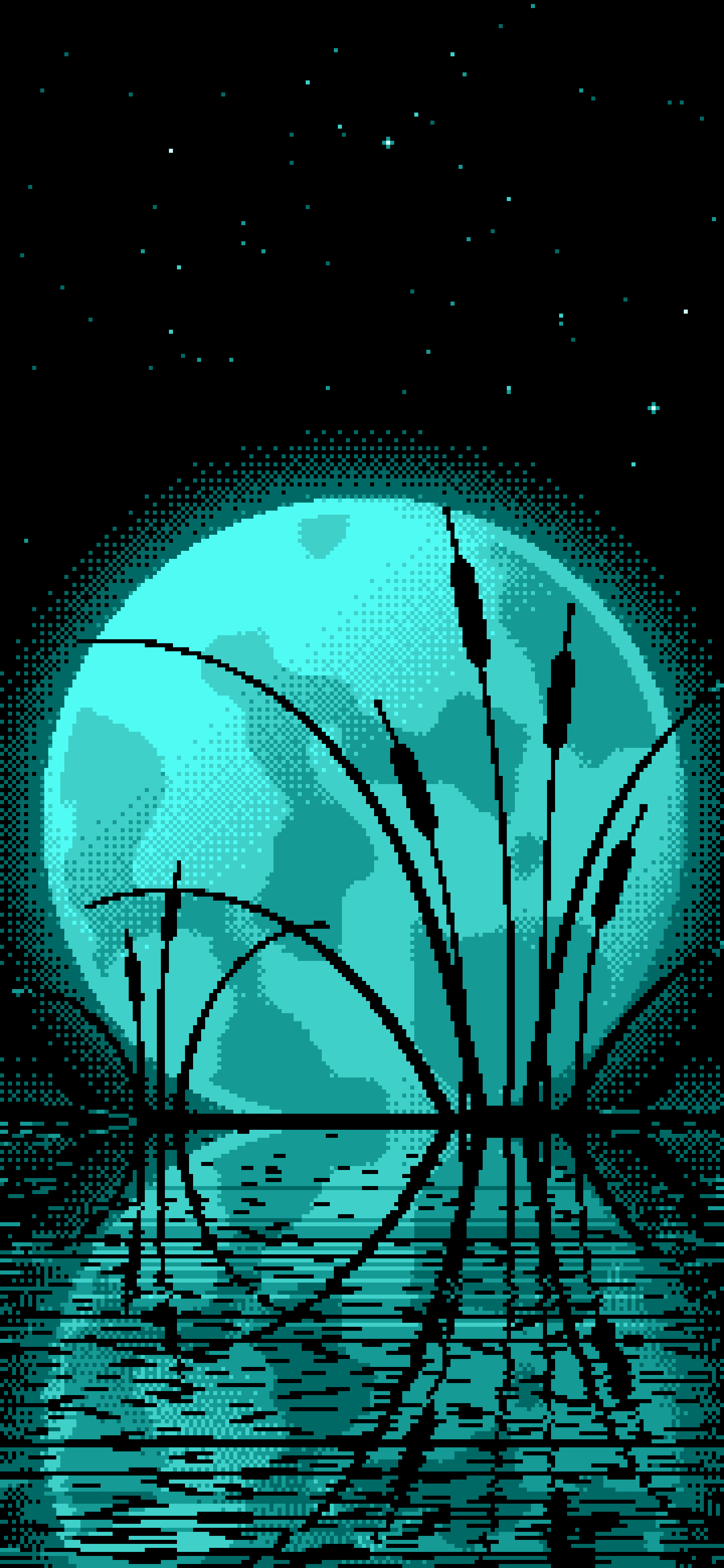 Turquoise Pixel Art Cattails and Full Moon wallpaper for iPhone and Android