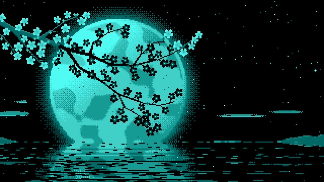 Turquoise Pixel Art Cherry Blossom Branch and Full Moon desktop wallpaper in 4K
