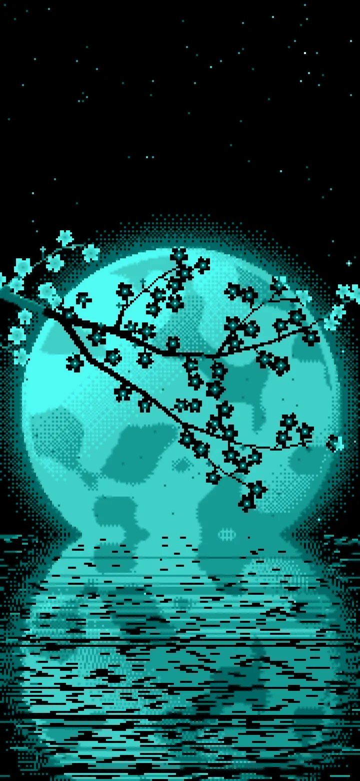 Turquoise Pixel Art Cherry Blossom Branch and Full Moon wallpaper for iPhone and Android