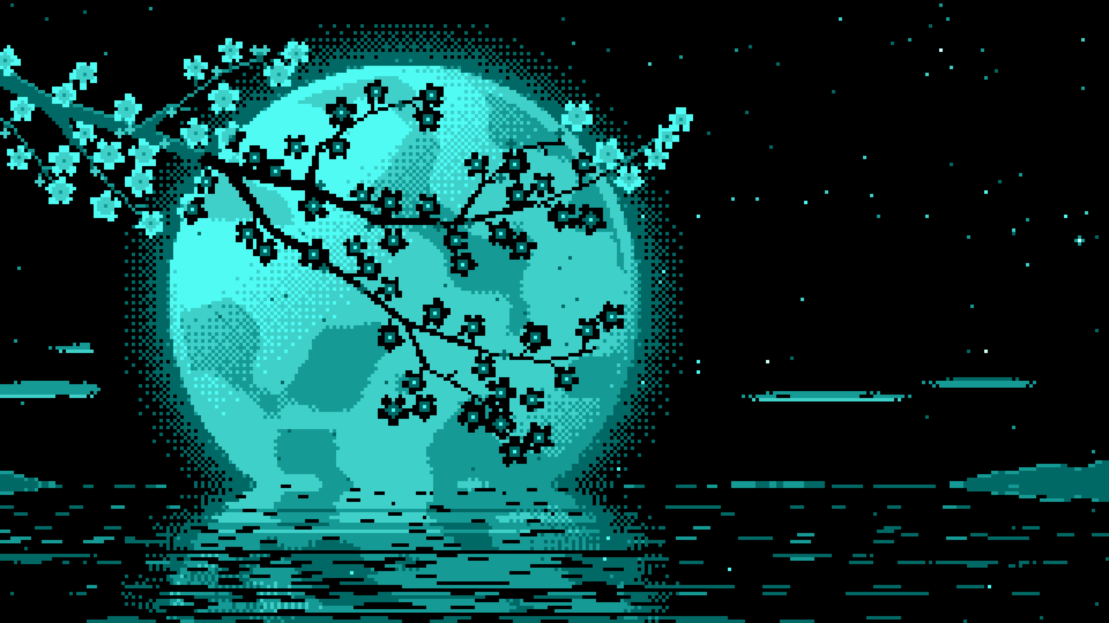 Turquoise Pixel Art Cherry Blossom Branch and Full Moon desktop wallpaper in 4K