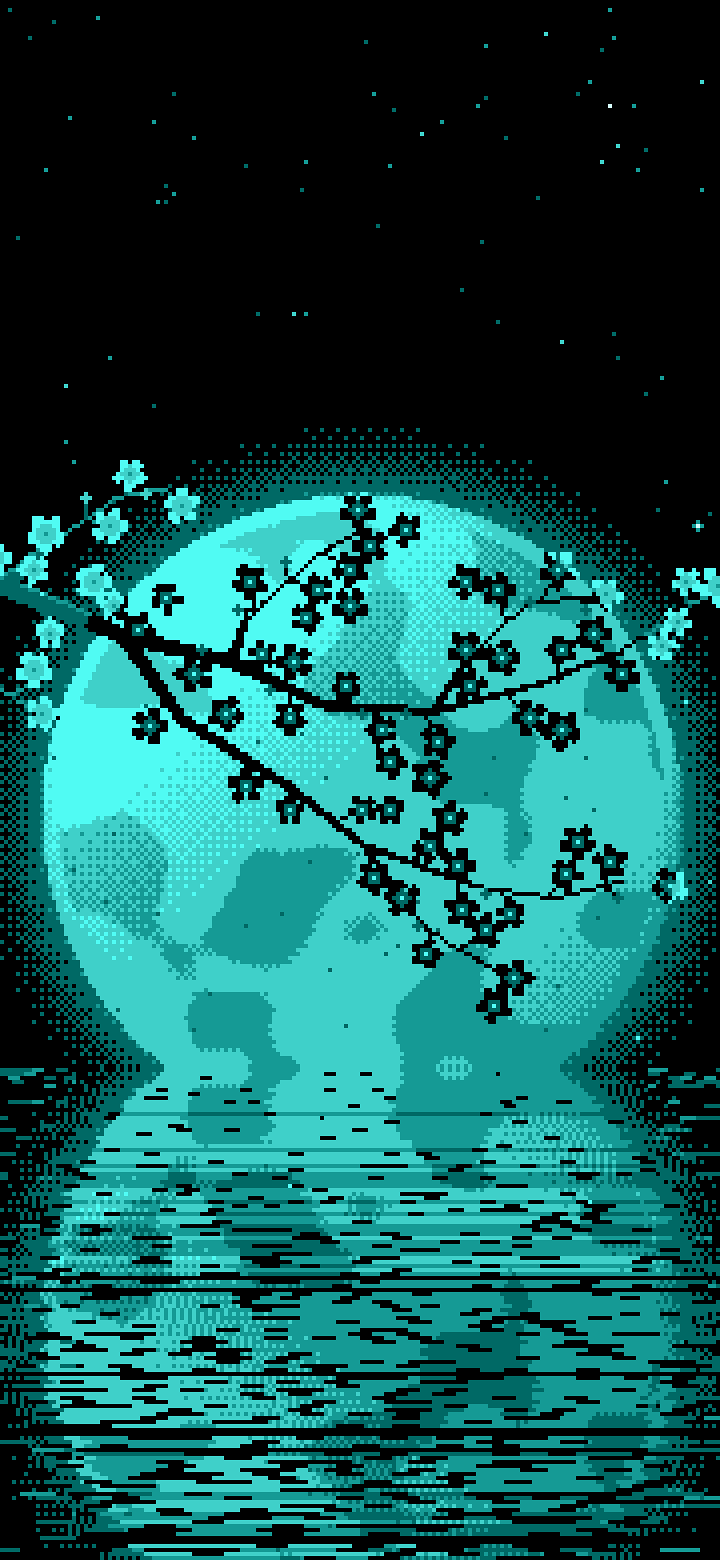 Turquoise Pixel Art Cherry Blossom Branch and Full Moon wallpaper for iPhone and Android