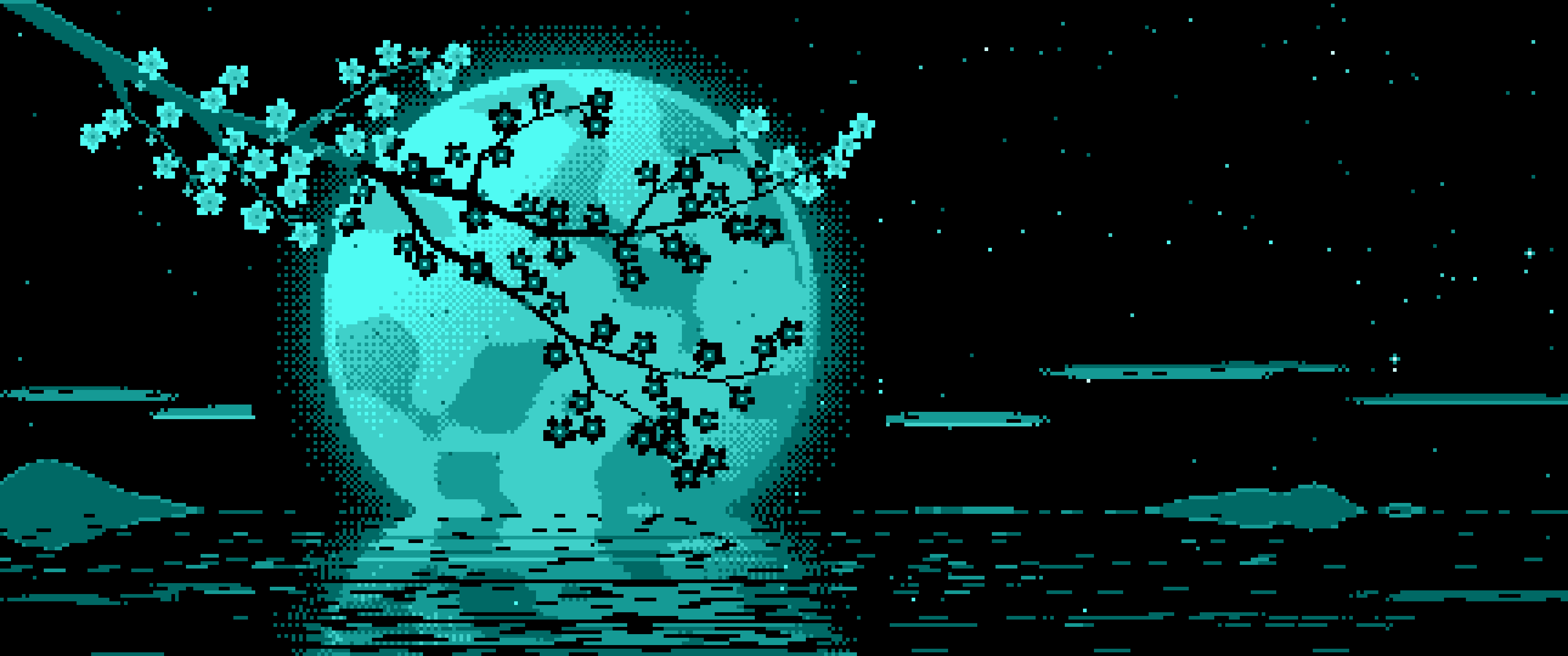 Turquoise Pixel Art Cherry Blossom Branch and Full Moon ultrawide wallpaper, 3440 × 1440