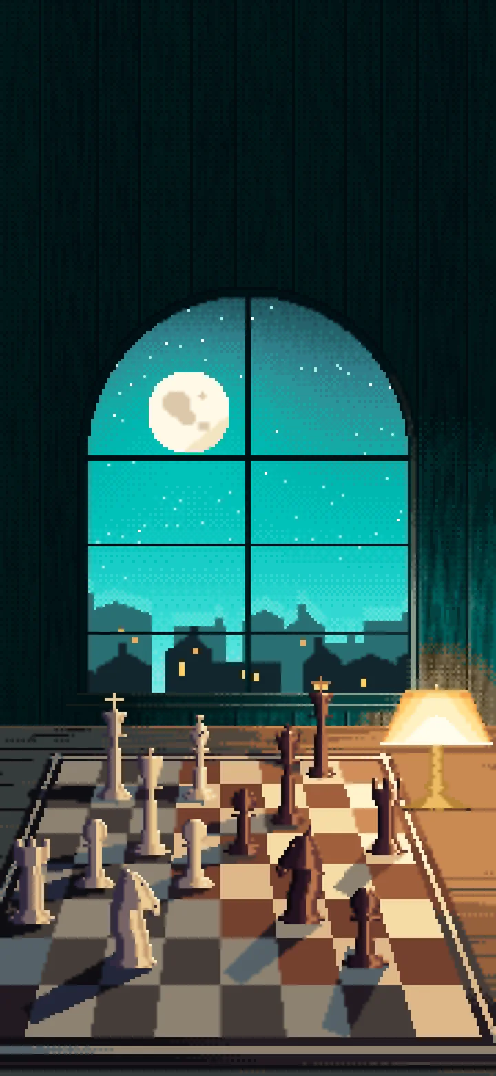 Turquoise Pixel Art Chess Board by a Moonlit Window wallpaper for iPhone and Android