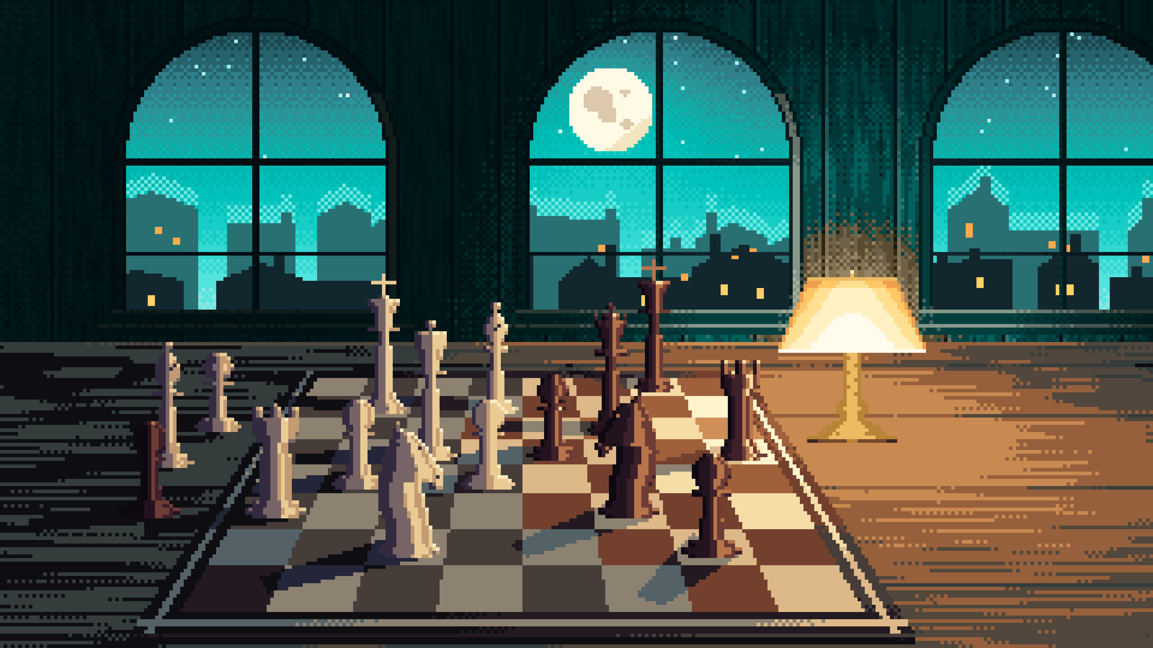 Turquoise Pixel Art Chess Board by a Moonlit Window desktop wallpaper in 4K