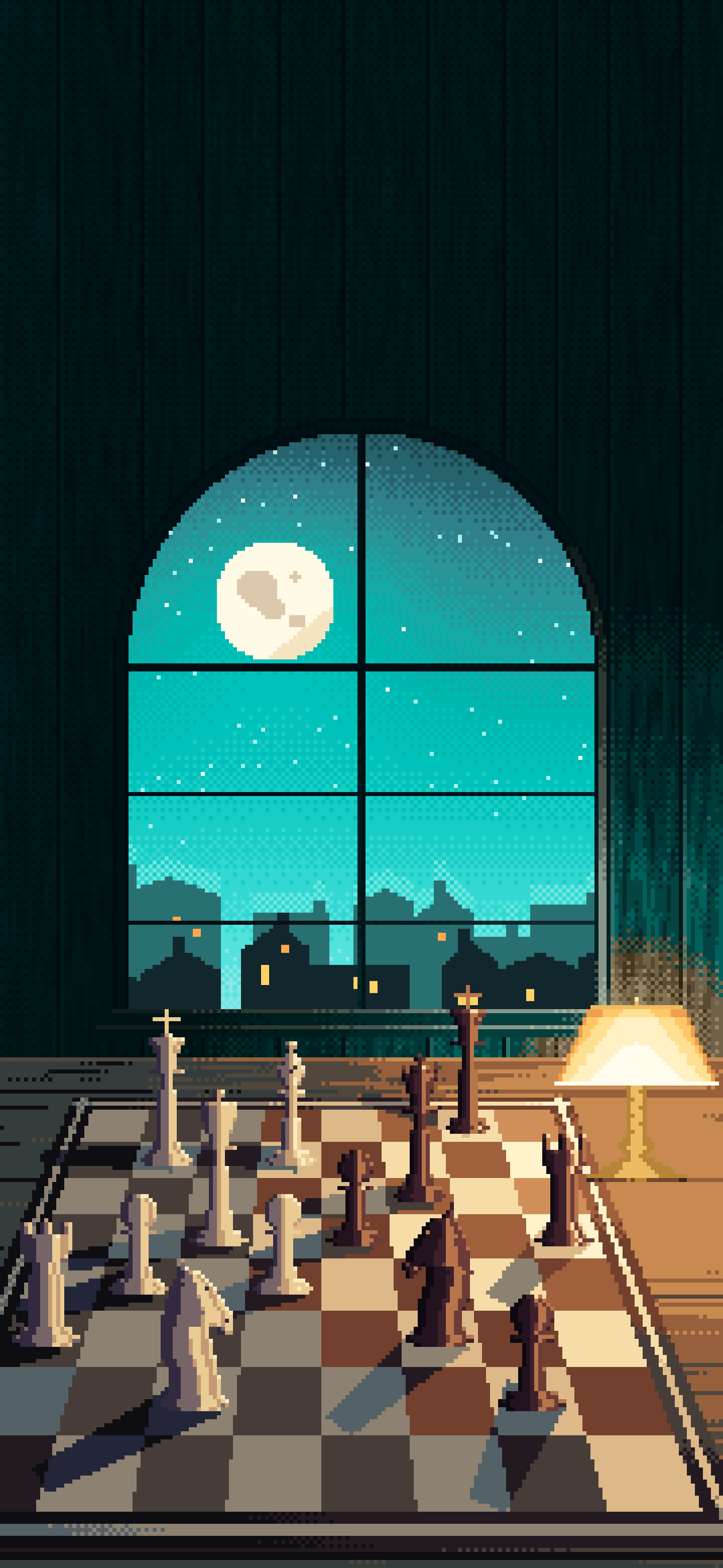 Turquoise Pixel Art Chess Board by a Moonlit Window wallpaper for iPhone and Android