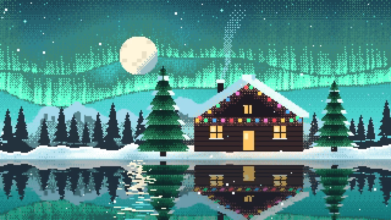 Turquoise Pixel Art Christmas Cabin desktop wallpaper in 4K