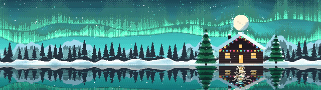Turquoise Pixel Art Christmas Cabin dual monitor wallpaper, 7680 × 2160