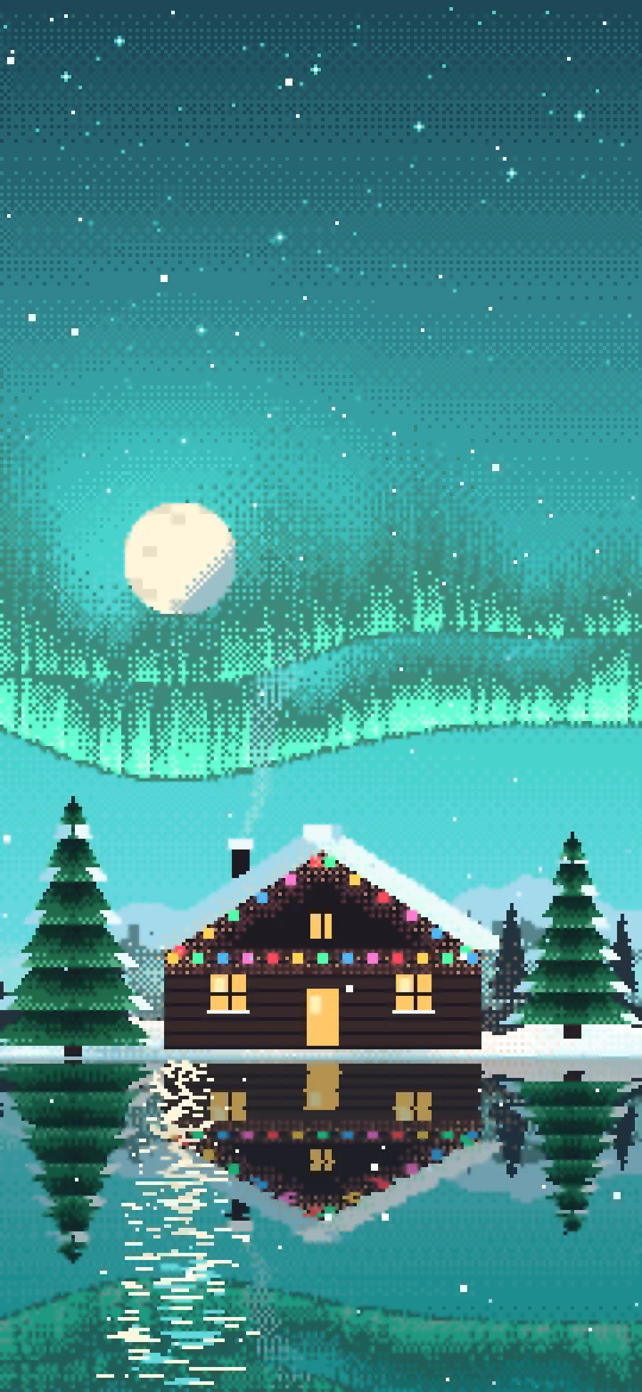 Turquoise Pixel Art Christmas Cabin wallpaper for iPhone and Android