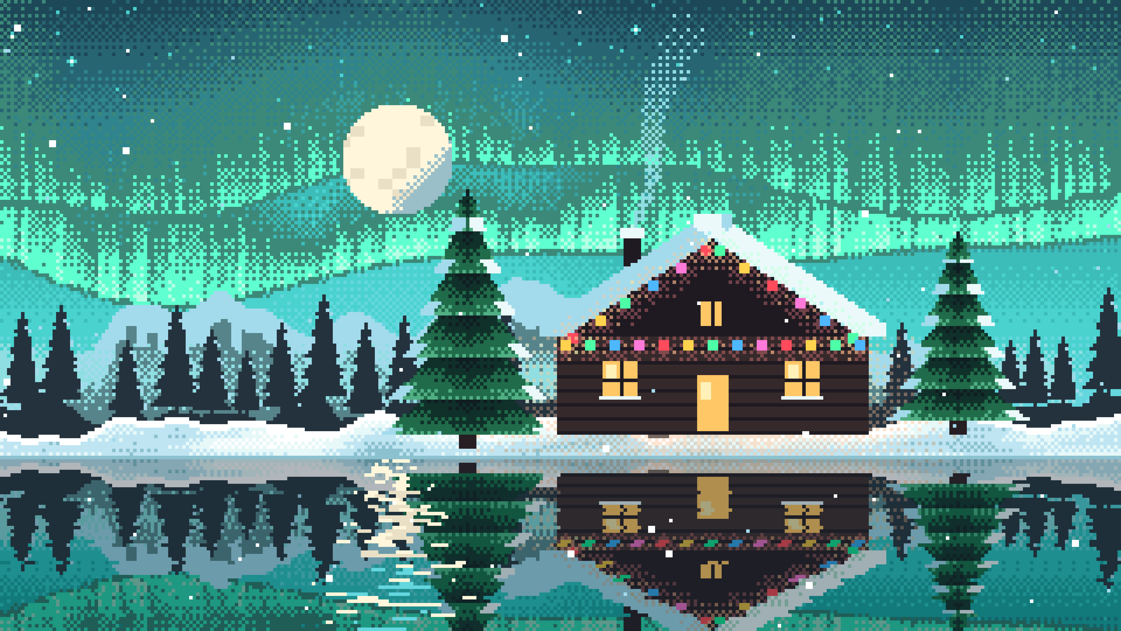 Turquoise Pixel Art Christmas Cabin desktop wallpaper in 4K