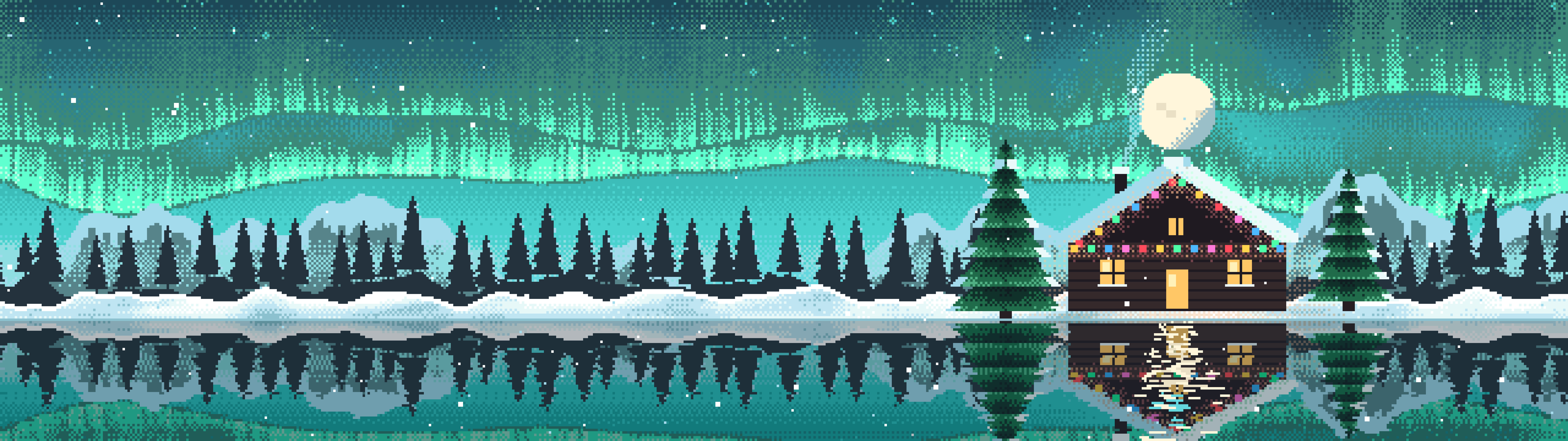 Turquoise Pixel Art Christmas Cabin dual monitor wallpaper, 7680 × 2160