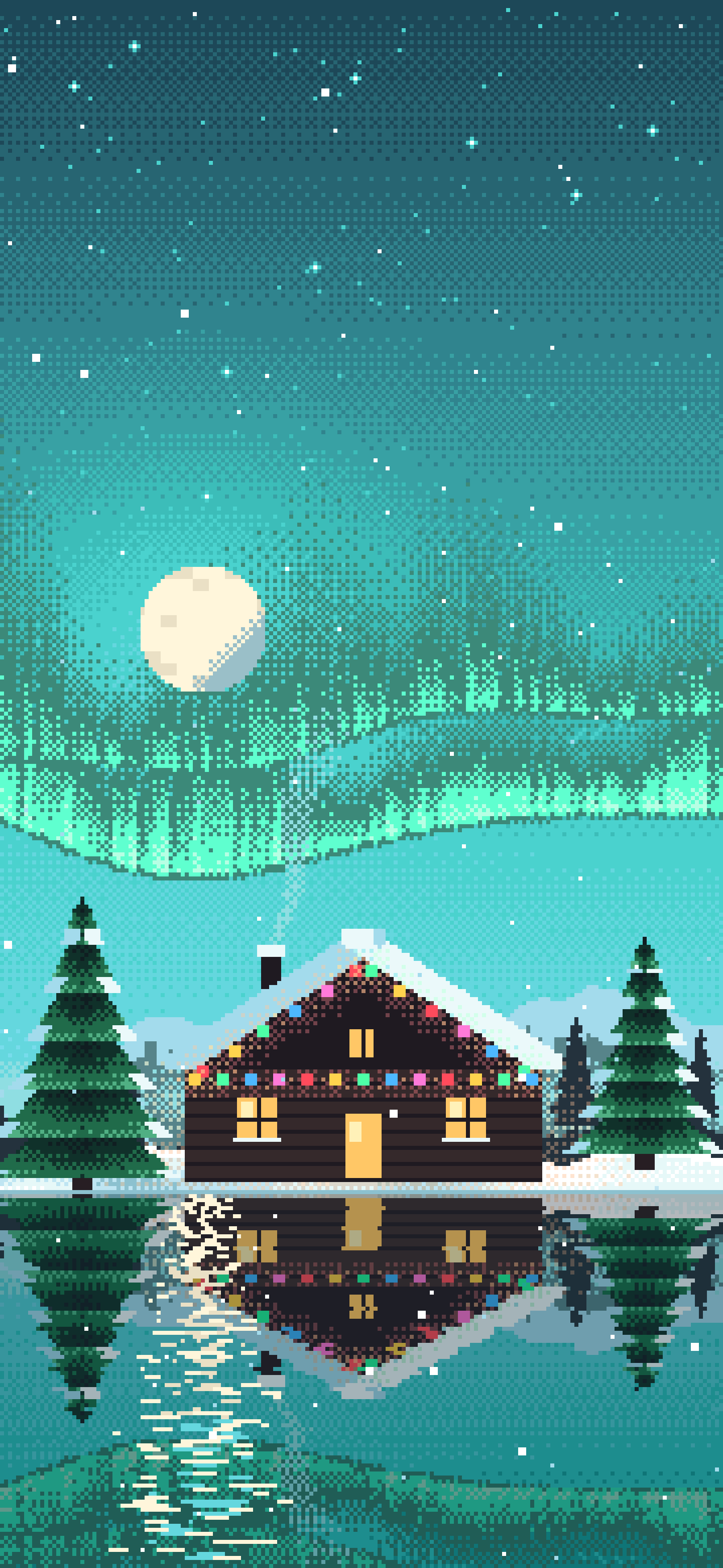 Turquoise Pixel Art Christmas Cabin wallpaper for iPhone and Android