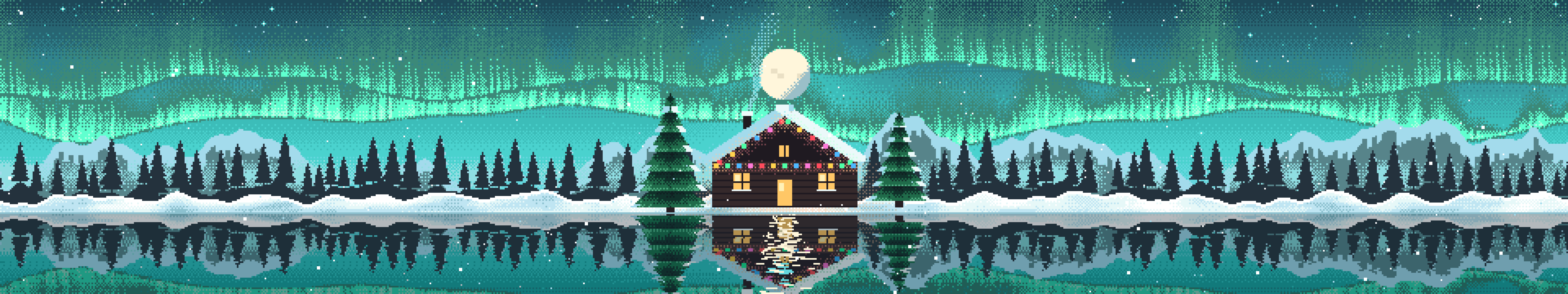 Turquoise Pixel Art Christmas Cabin triple monitor wallpaper, 7680 × 1440