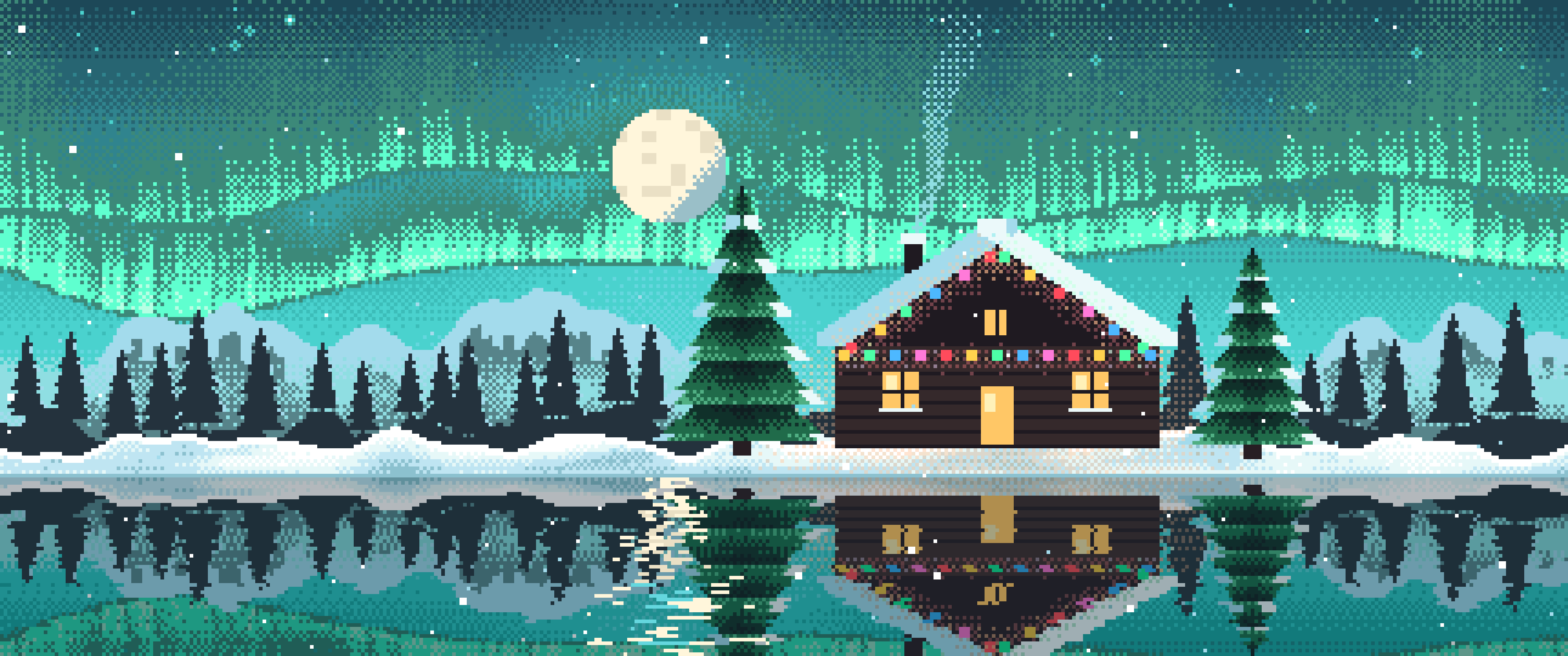 Turquoise Pixel Art Christmas Cabin ultrawide wallpaper, 3440 × 1440