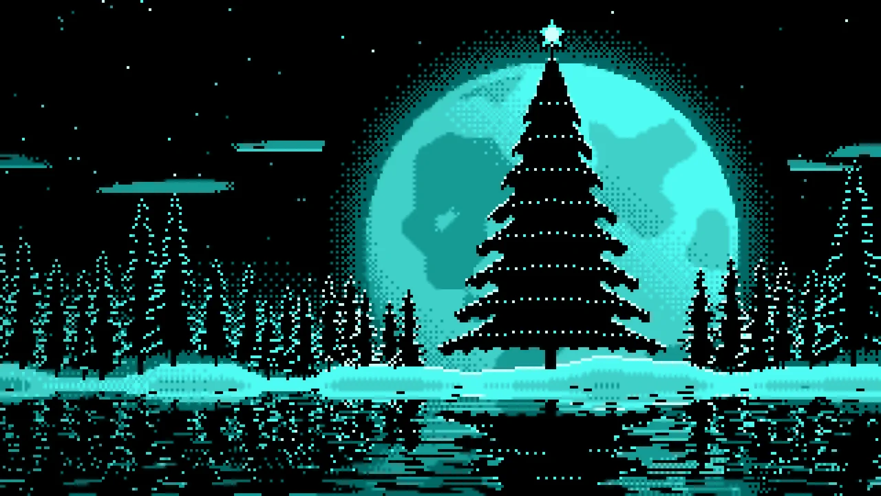 Turquoise Pixel Art Christmas Tree and Full Moon desktop wallpaper in 4K