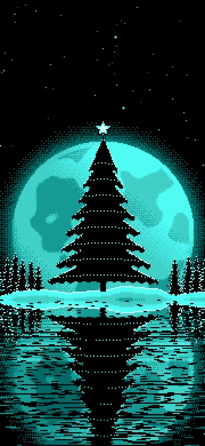 Turquoise Pixel Art Christmas Tree and Full Moon wallpaper for iPhone and Android