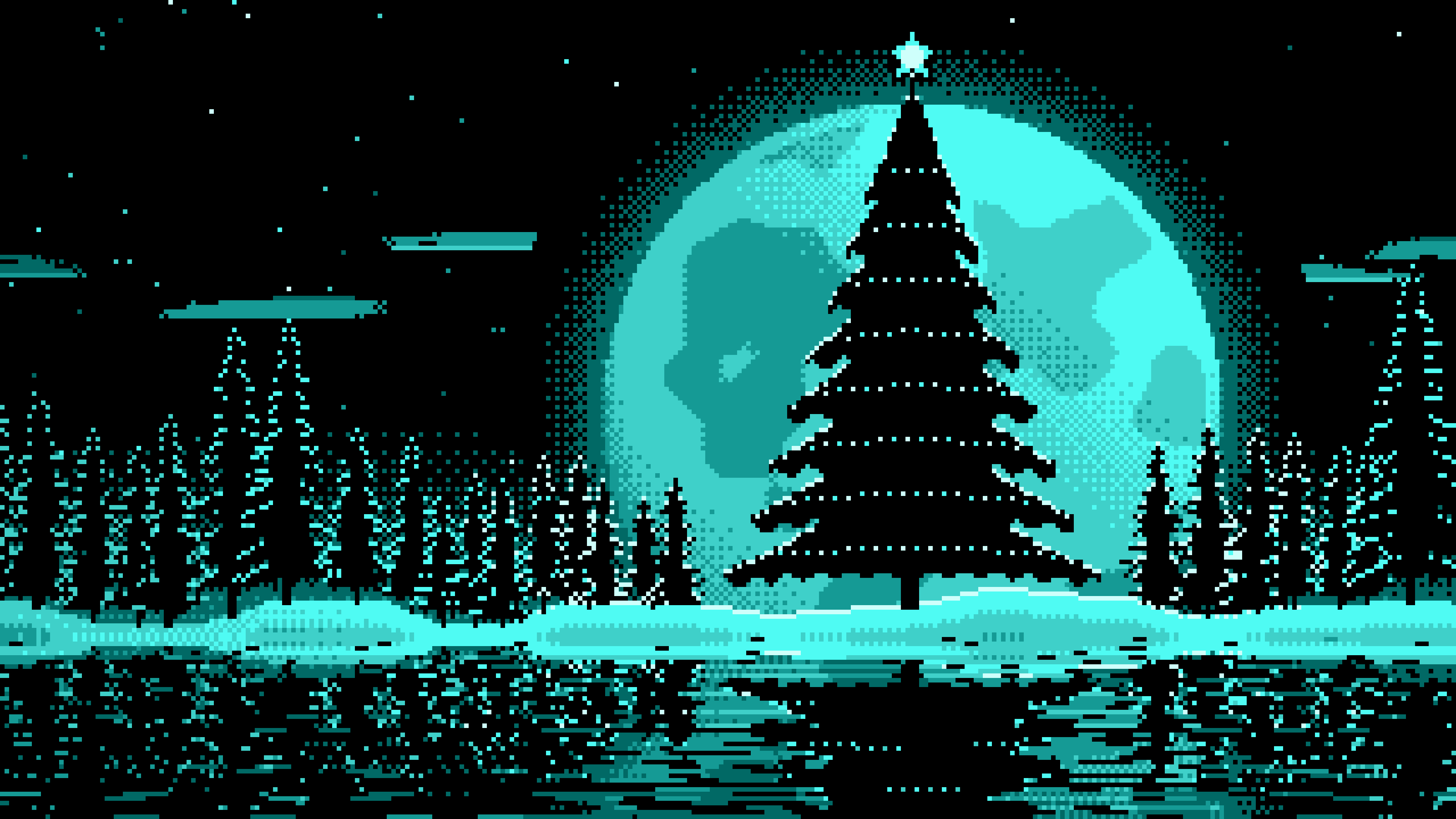 Turquoise Pixel Art Christmas Tree and Full Moon desktop wallpaper in 4K