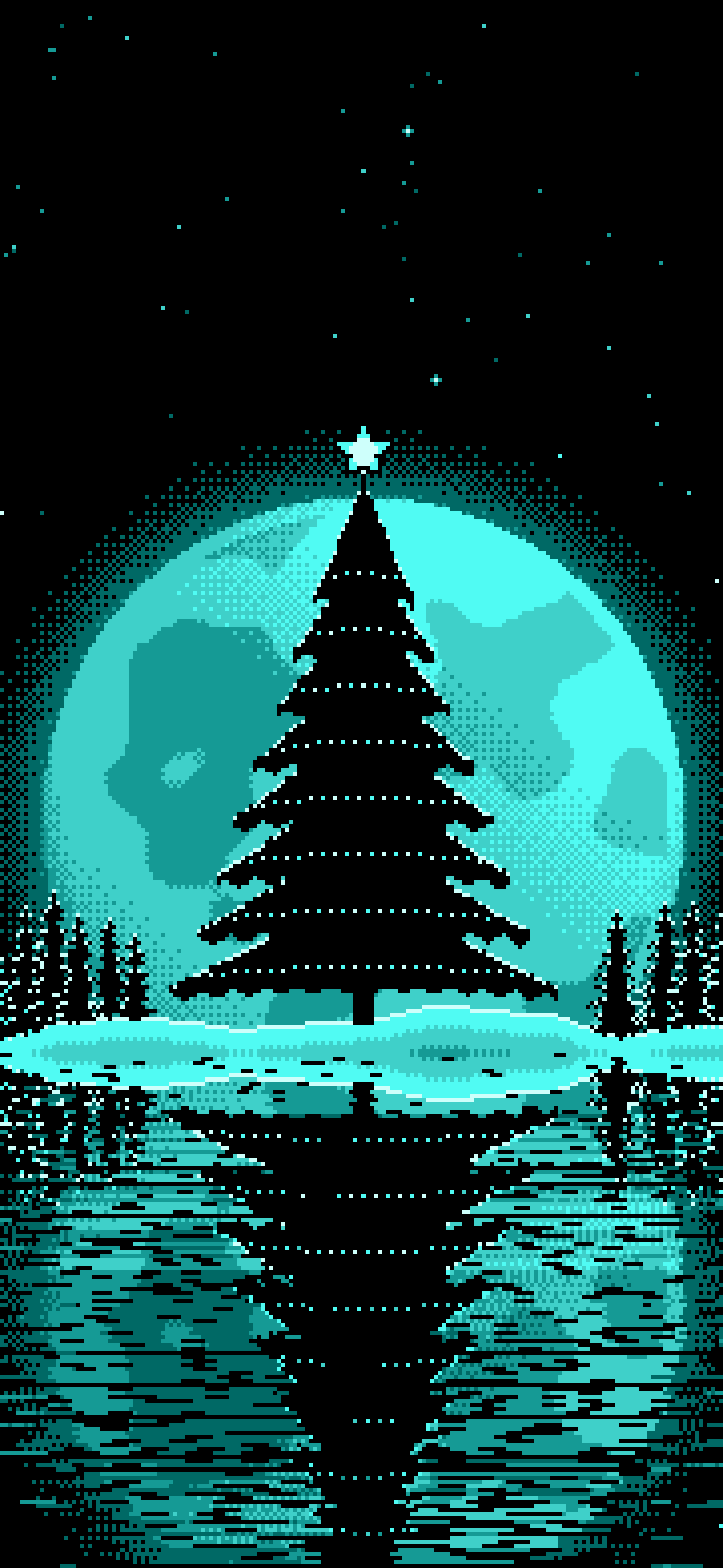 Turquoise Pixel Art Christmas Tree and Full Moon wallpaper for iPhone and Android